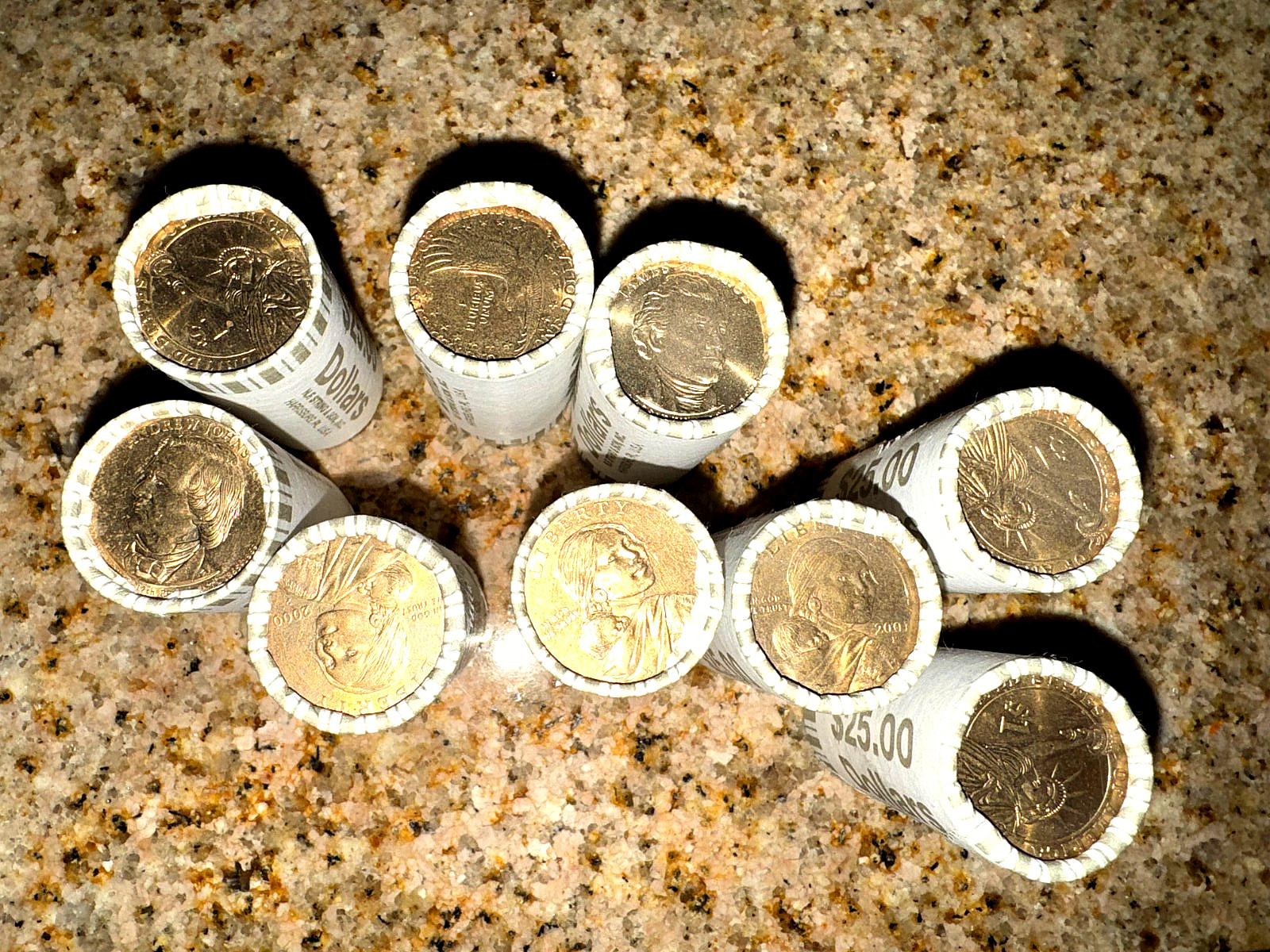 Sealed bank roll $25, Dollar coins, Sacajawea  and Susan B. Anthony