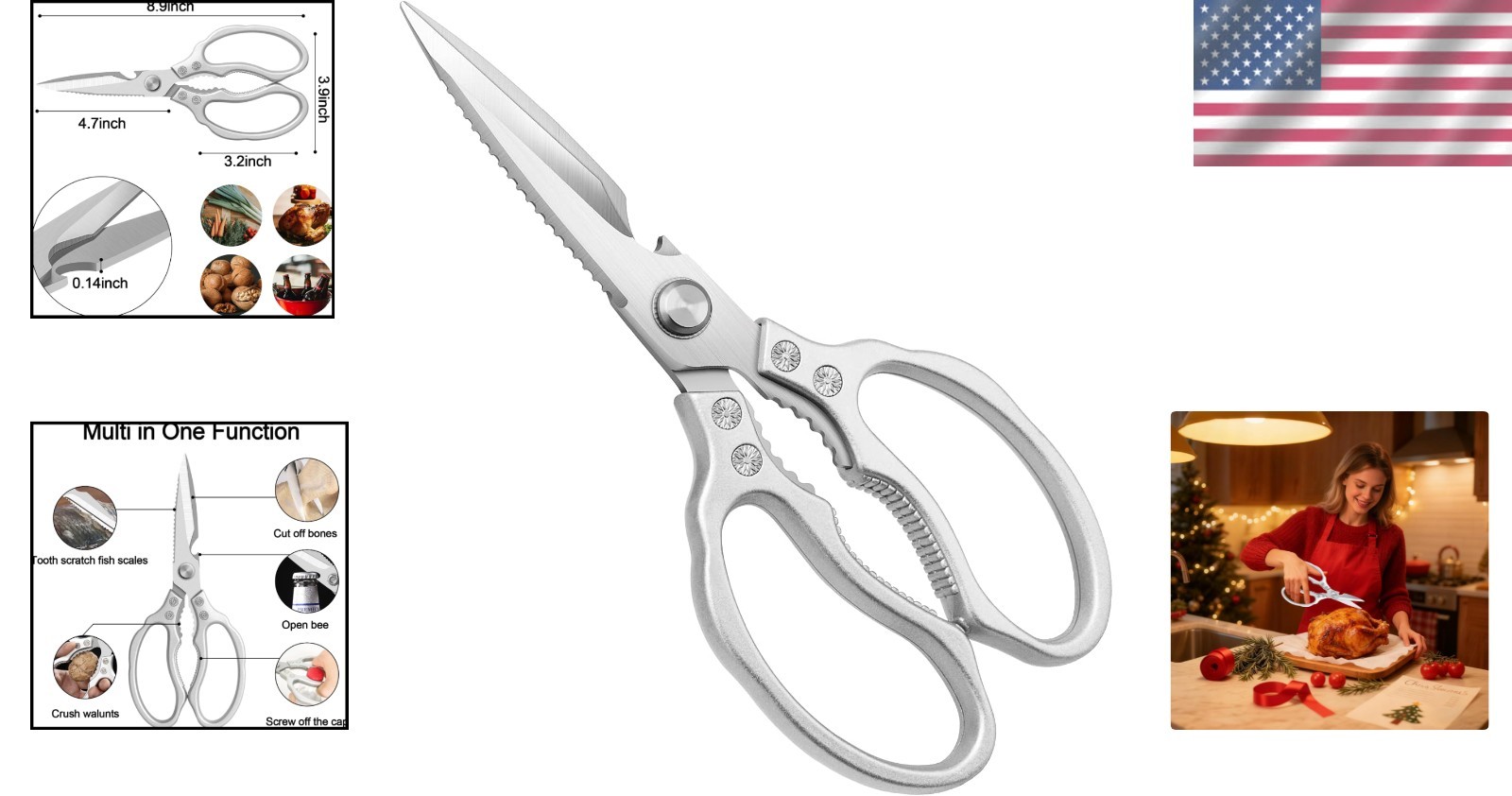 Ergonomic Kitchen Shears - Sharp, Non-Slip, Heavy Duty Stainless Steel Scissors