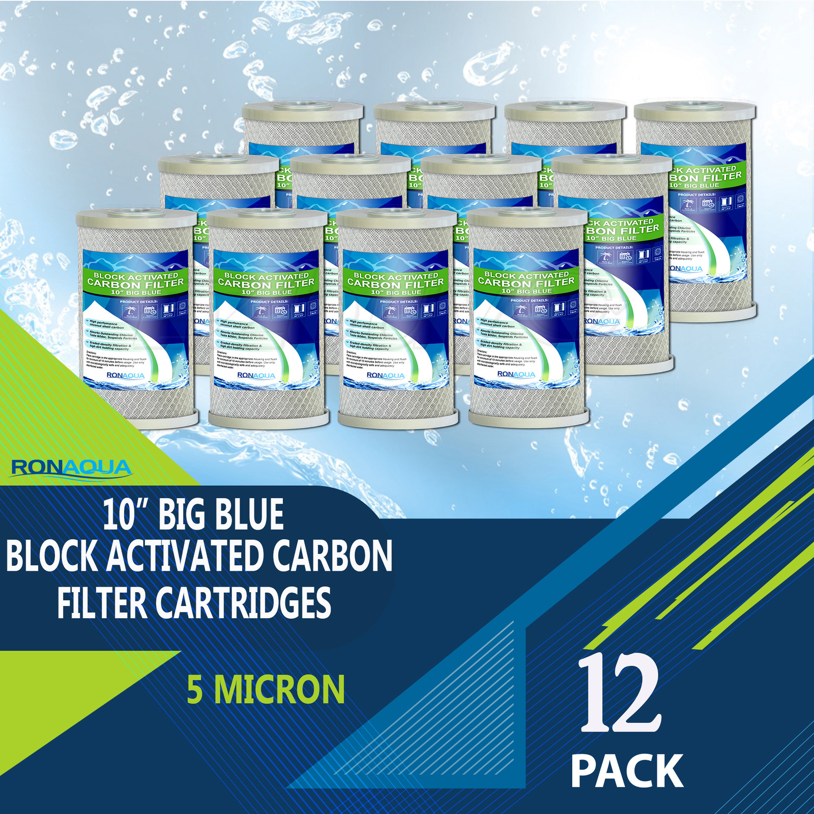 12 pcs Big Blue CTO Carbon Block Water Filters 4.5" x 10" Whole House Cartridges