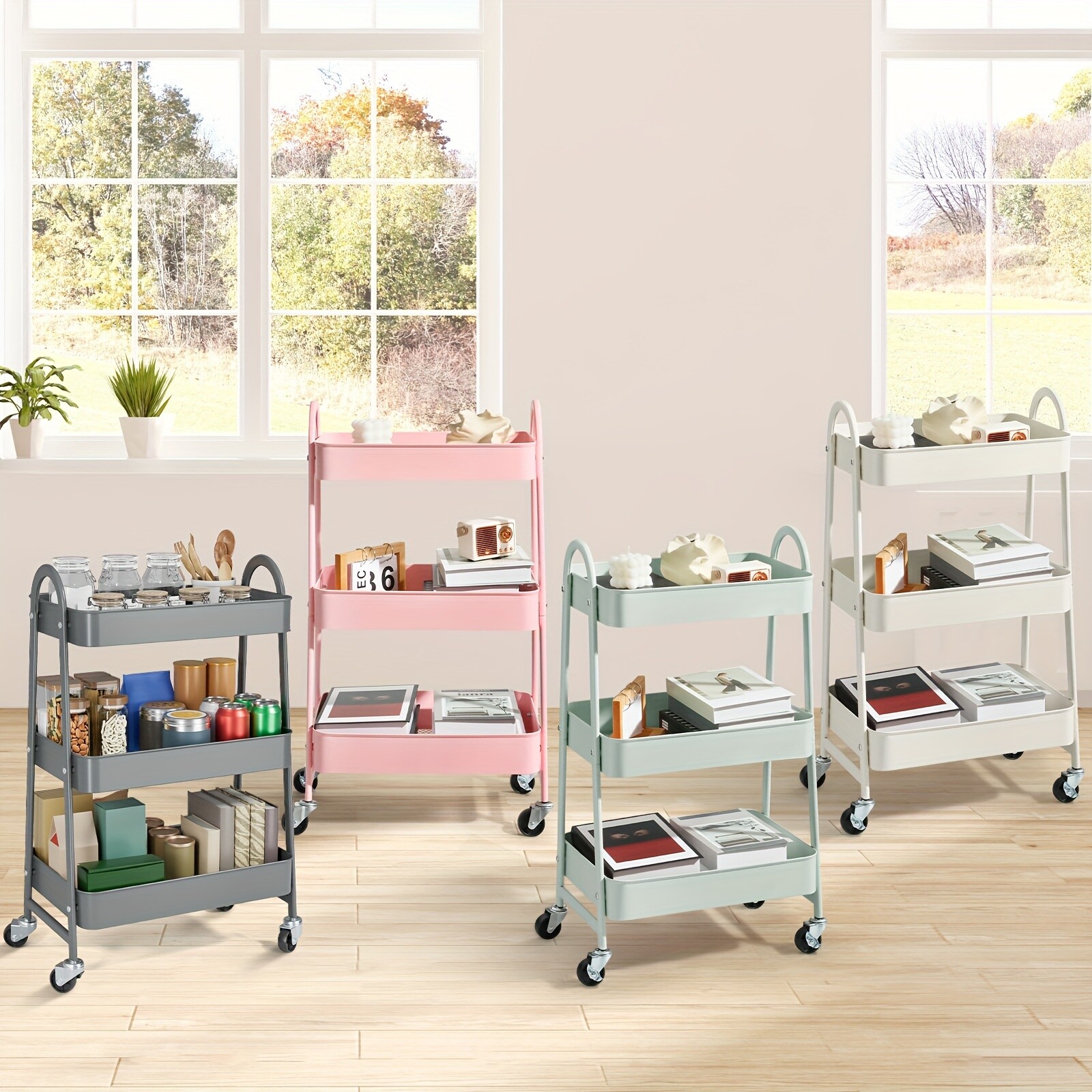 3-Tier Rolling Kitchen Cart, Metal Frame with Plastic Wheels, Space-Saving