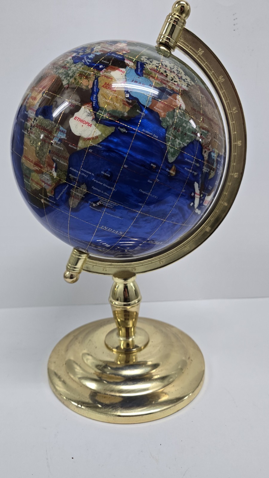Vintage Blue Lapis Lazuli Gemstone World Globe 16" Large Brass Pedestal Stand...