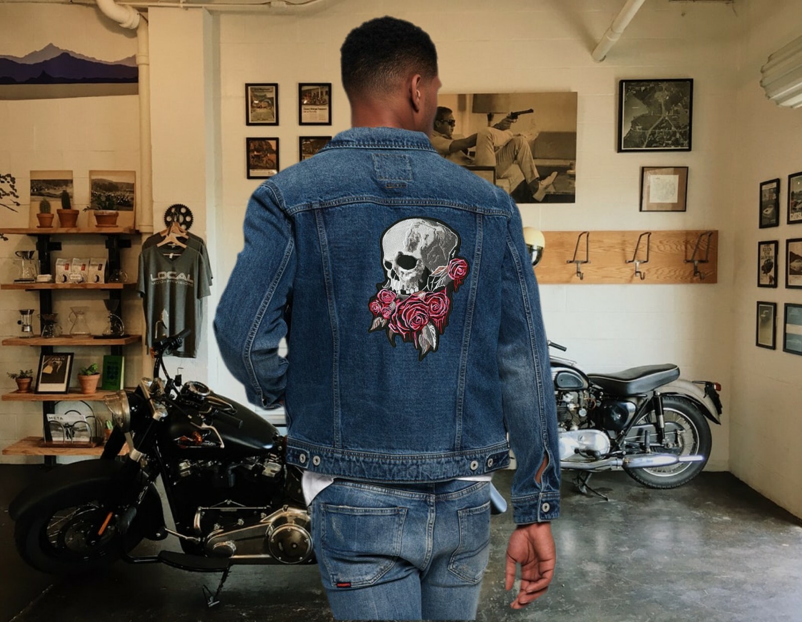 Bleeding Roses Skull Patch 11"| Realistic Halfskull Skeleton Embroidered Iron On