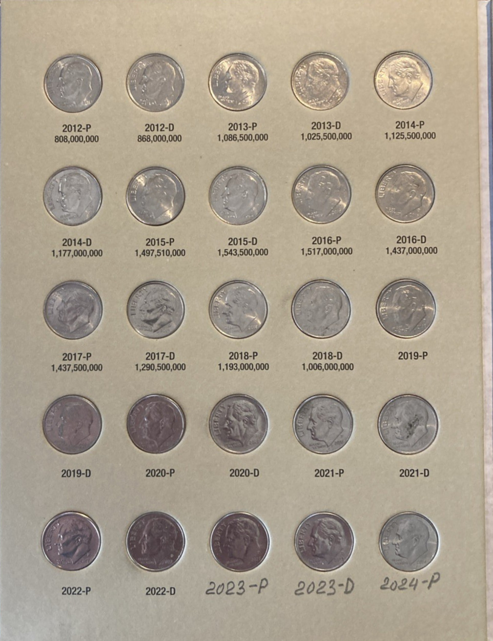 2000-2026 Roosevelt Dimes P&D Complete Set 55 coins in HE Harris Folder