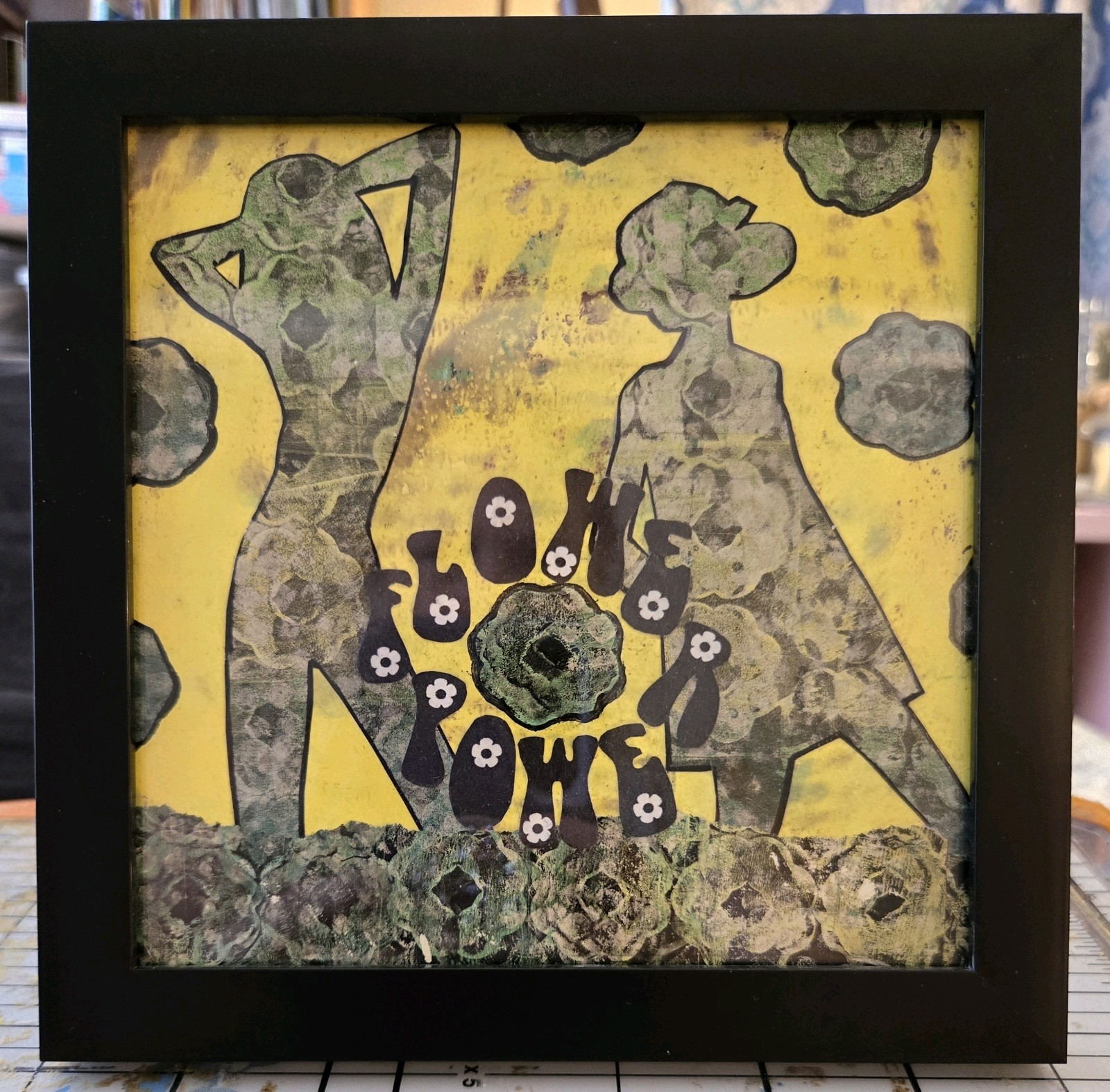 OOAK Mixed Media Collage Acrylic Gelli Print FRAMED 60s Flower Power 1960s 6"x6"