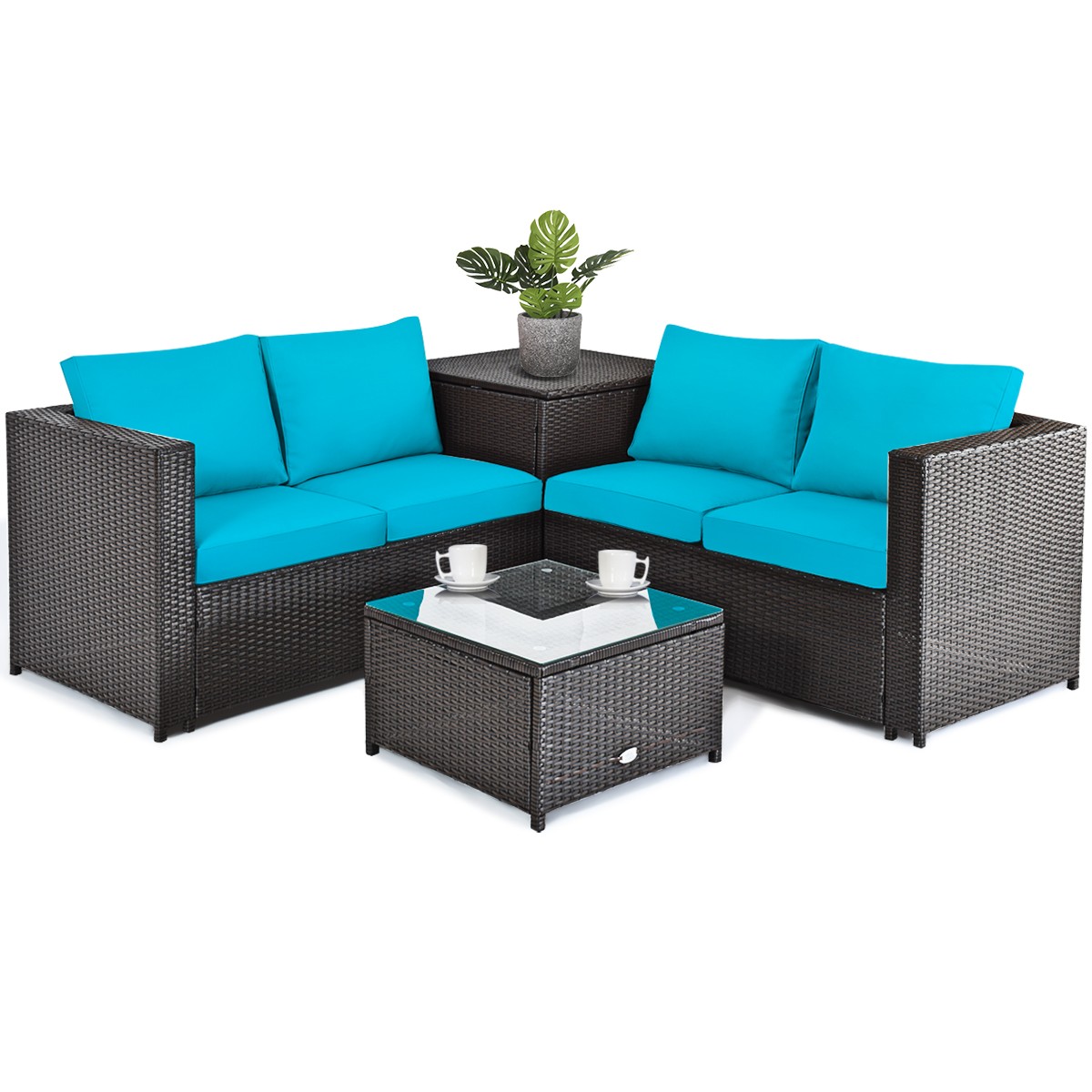 8PCS Outdoor Patio Rattan Furniture Set Cushion Loveseat Storage Table Turquoise