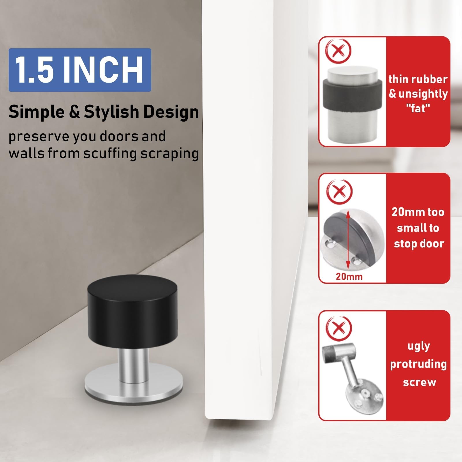 Door Stoppers Self Adhesive Door Stops for Floor Wall Mounted, Stainless Stee...