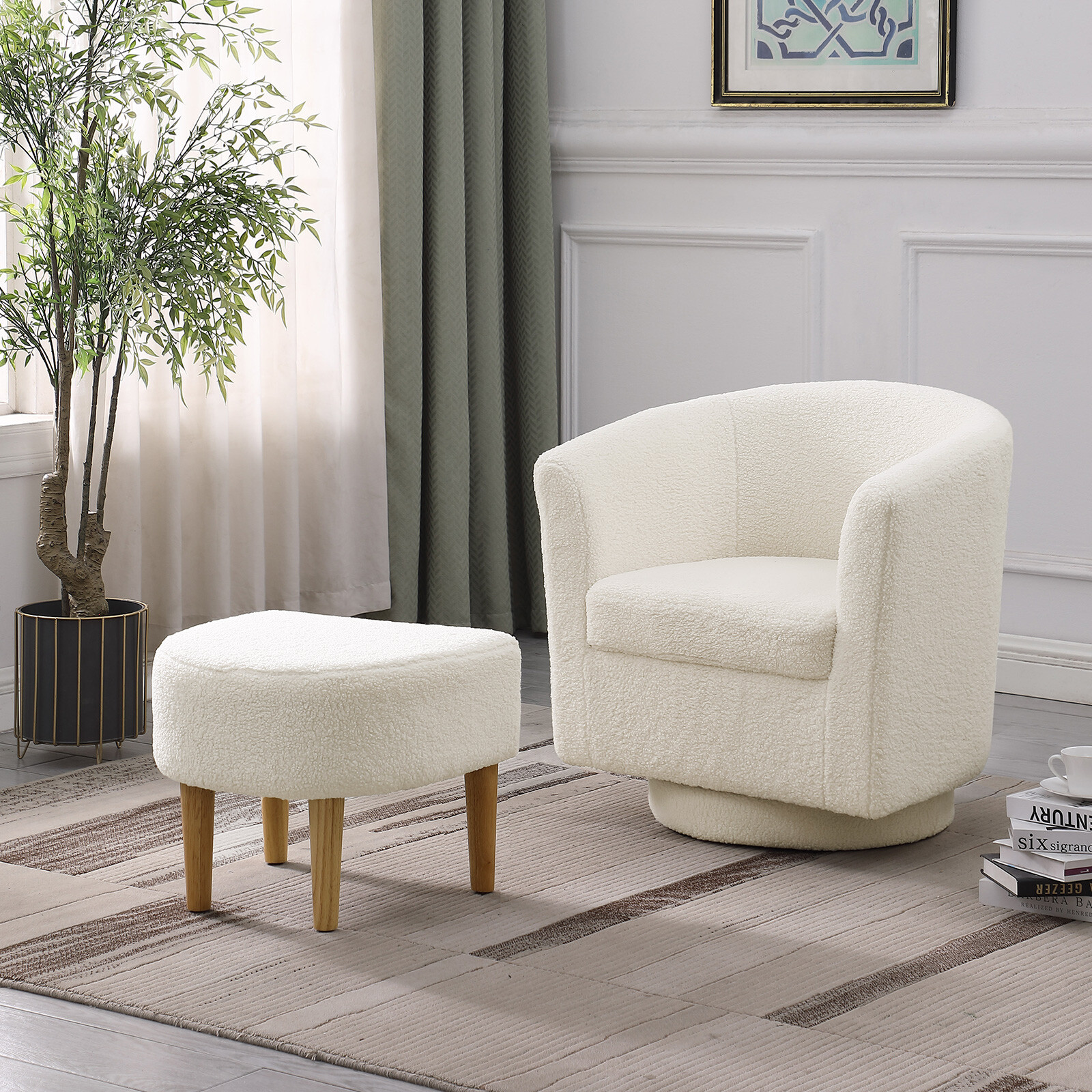 Modern Swivel Accent Chair w/ Ottoman Upholstered Club Tub Barrel Armchair Sofa