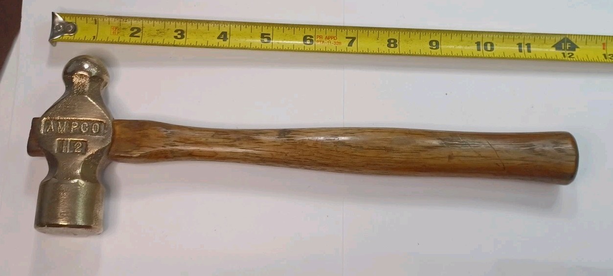 Vintage AMPCO Bronze H-2 Non-Sparking Ball Peen Hammer W/ Wood Handle, U.S.A.