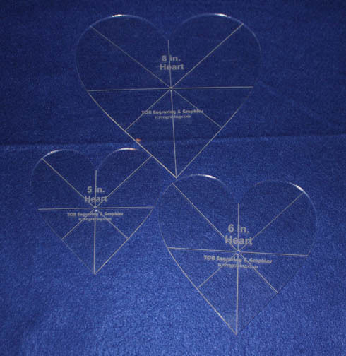 Laser Cut Quilt Templates - 1/8" Acrylic-5,6,8 - 3 piece Heart Set w/guidelines