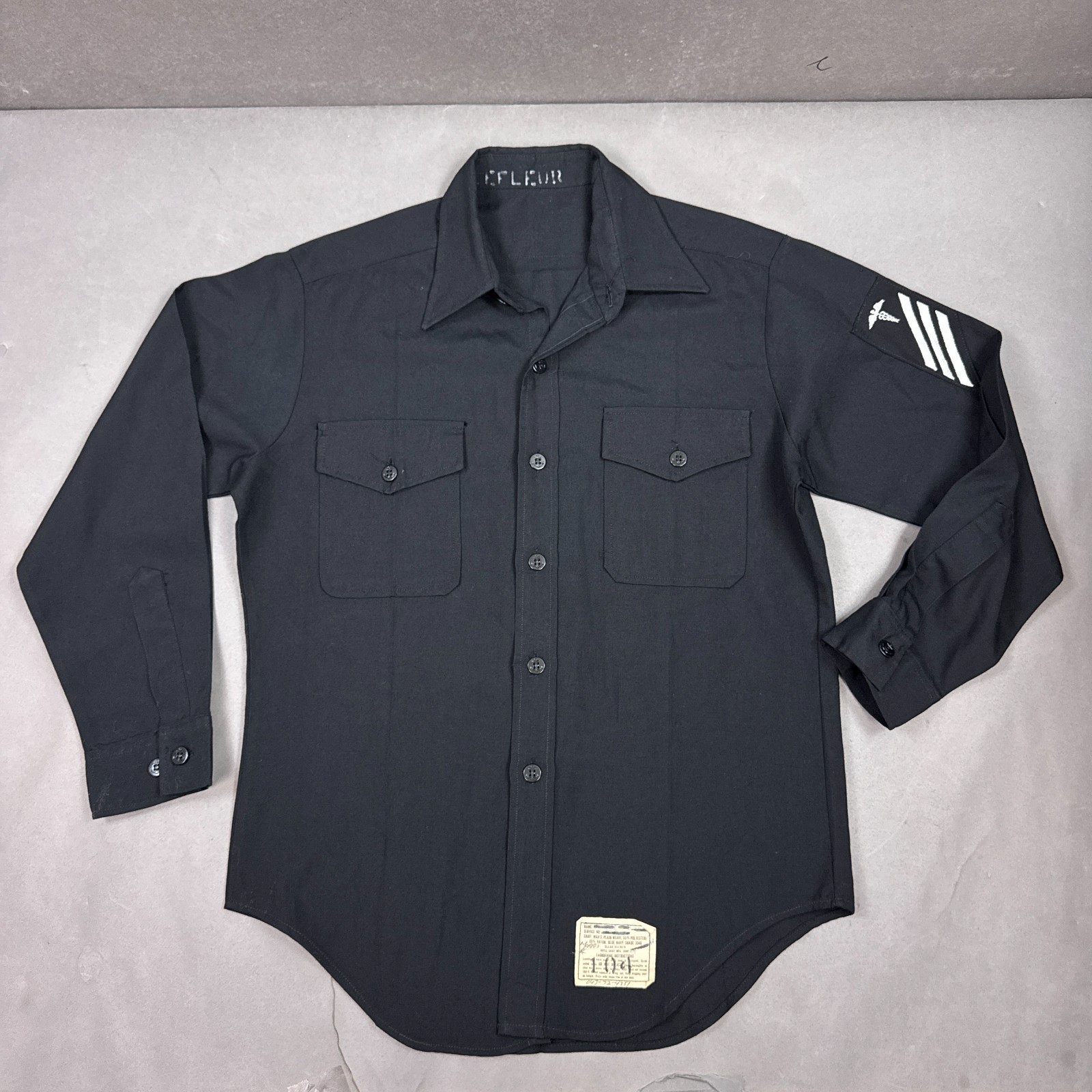Vintage US Navy Shirt Mens Large Blue 70s Plain Weave Military Named Medical
