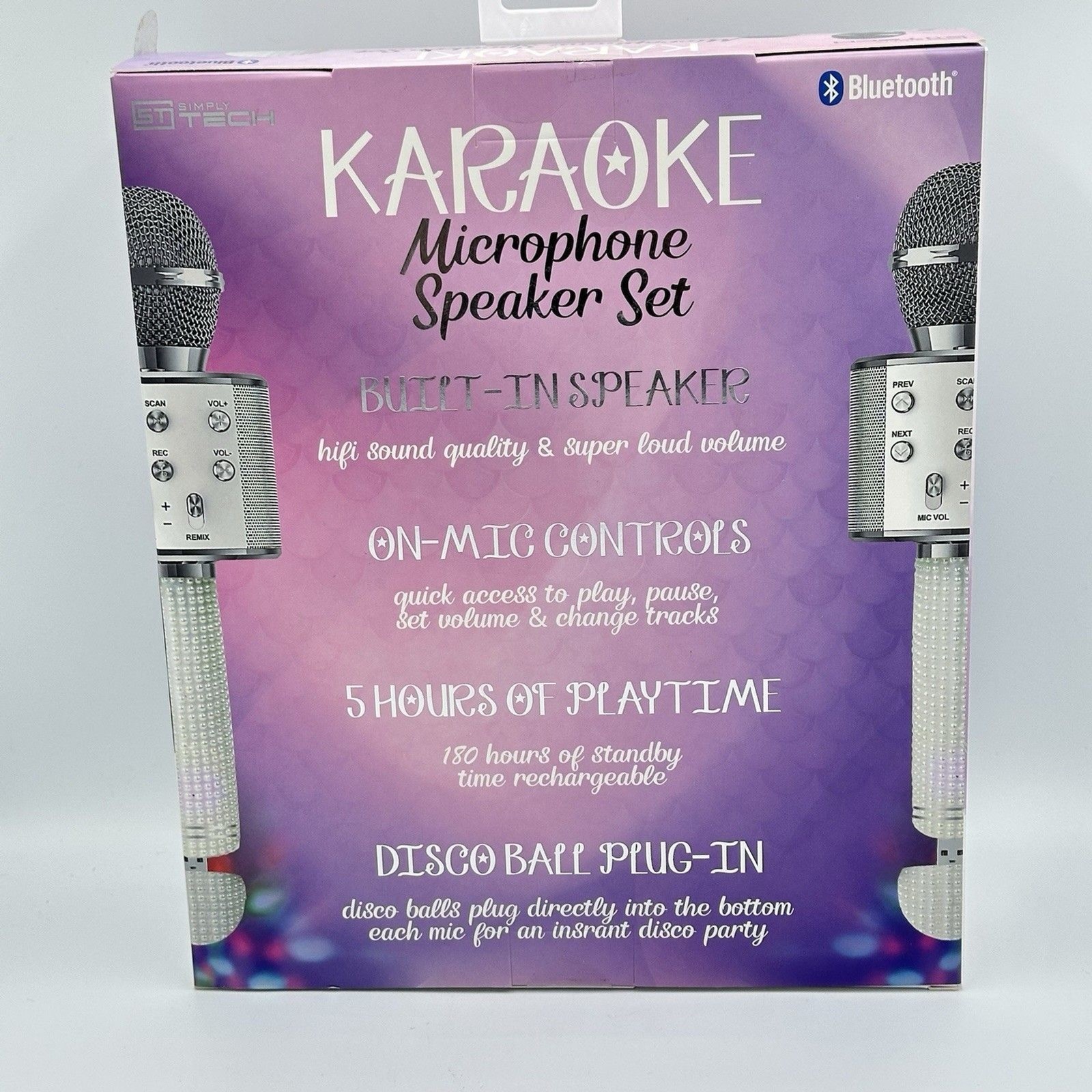 NIB Simply Tech Bluetooth Karaoke Microphone Set 2 Pack Silver Wireless Speaker
