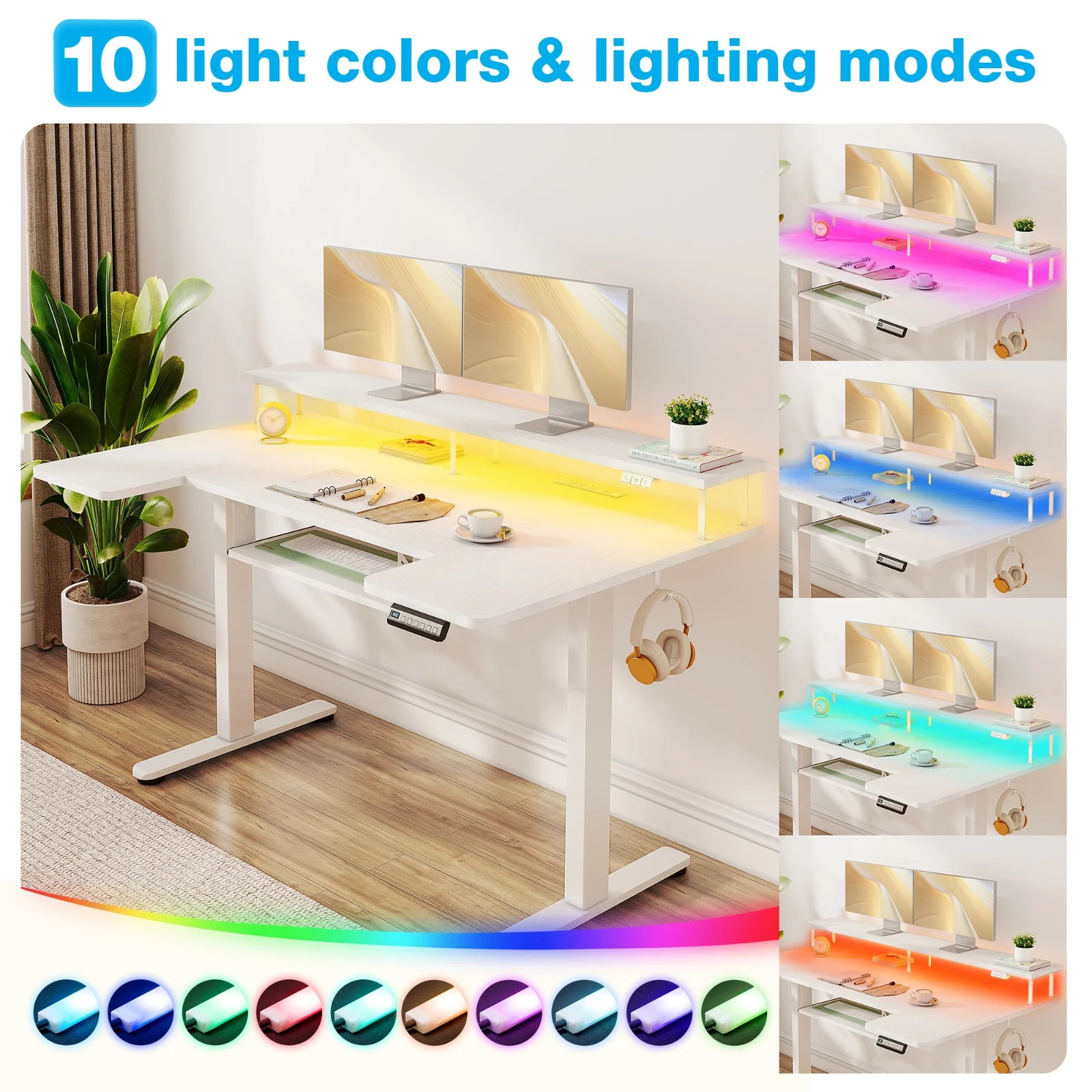 Casacomoda 55 Inch U-Shaped Electric Standing Desk w/ Power Outlets & LED Lights