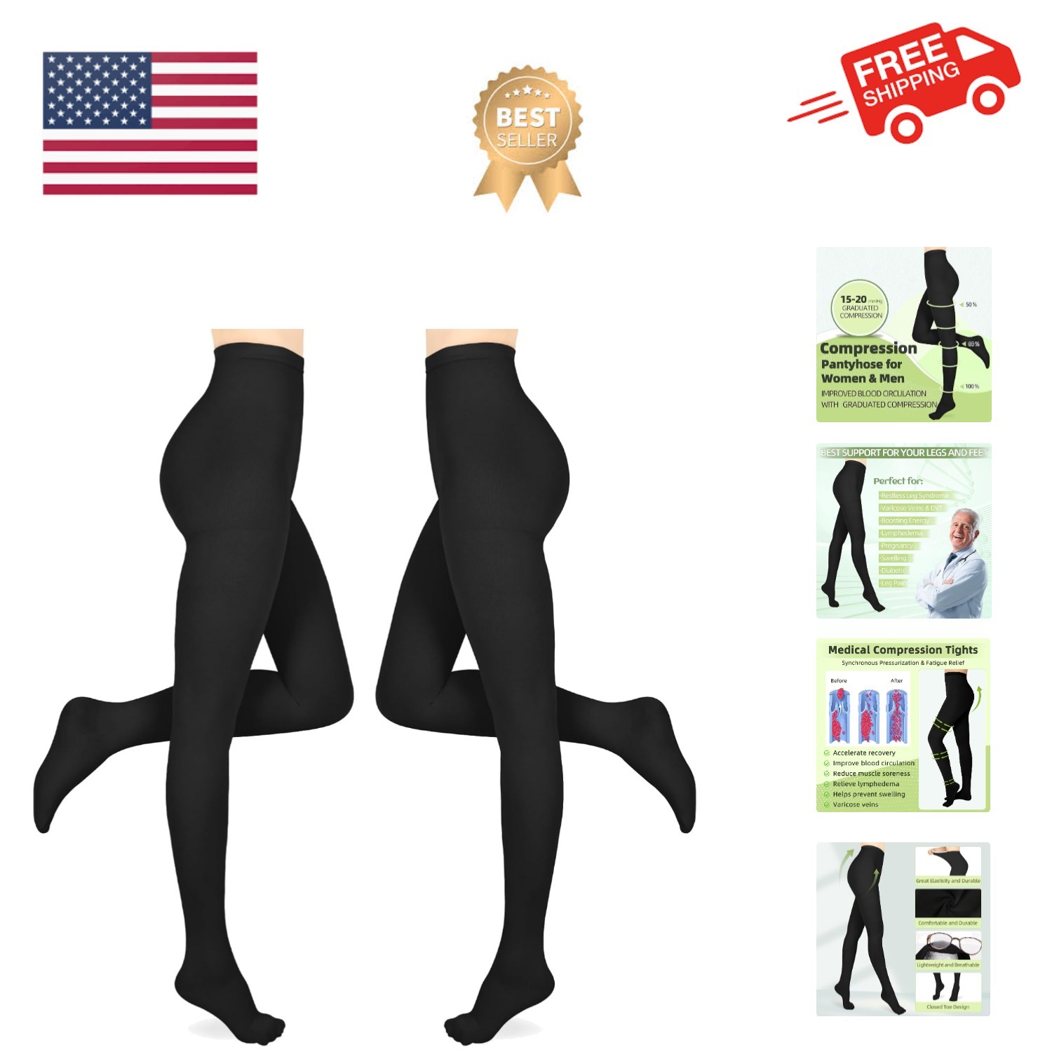 Compression Pantyhose for Women & Men, 2 Pairs 15-20mmHg Medical Graduated Co...