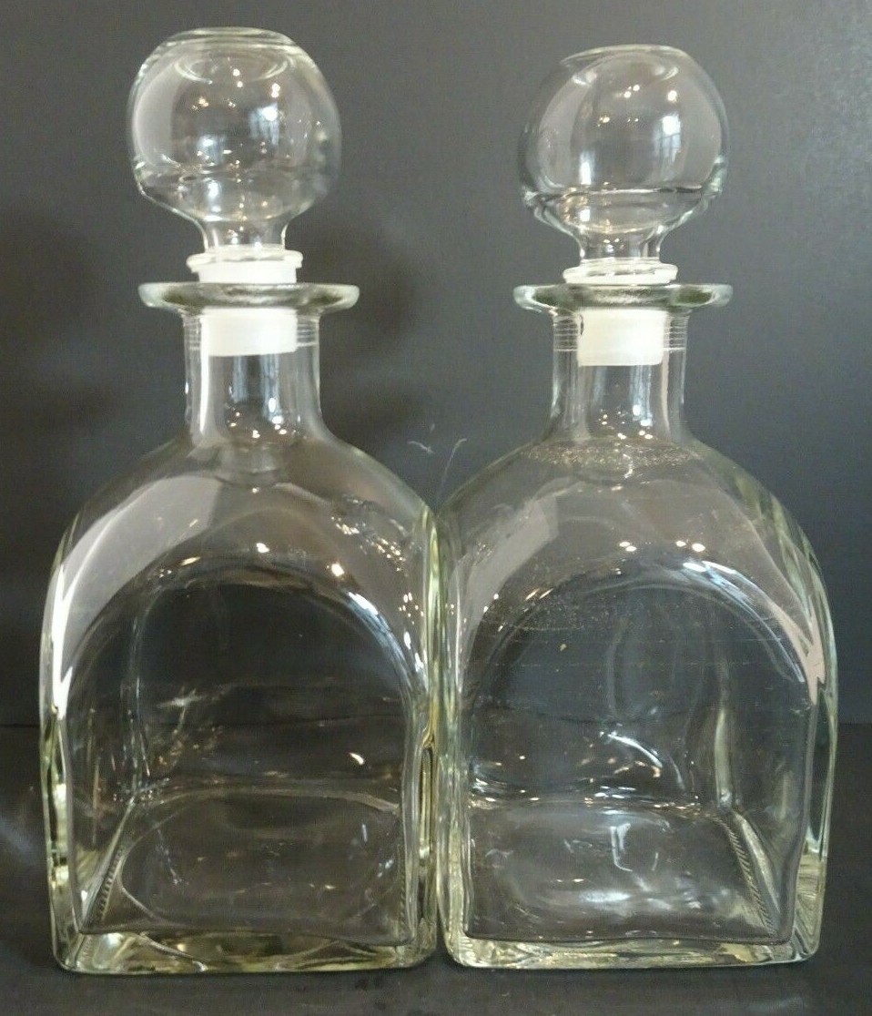 Vintage Clear Glass Decanter Square Body w/ Stopper Set of 2