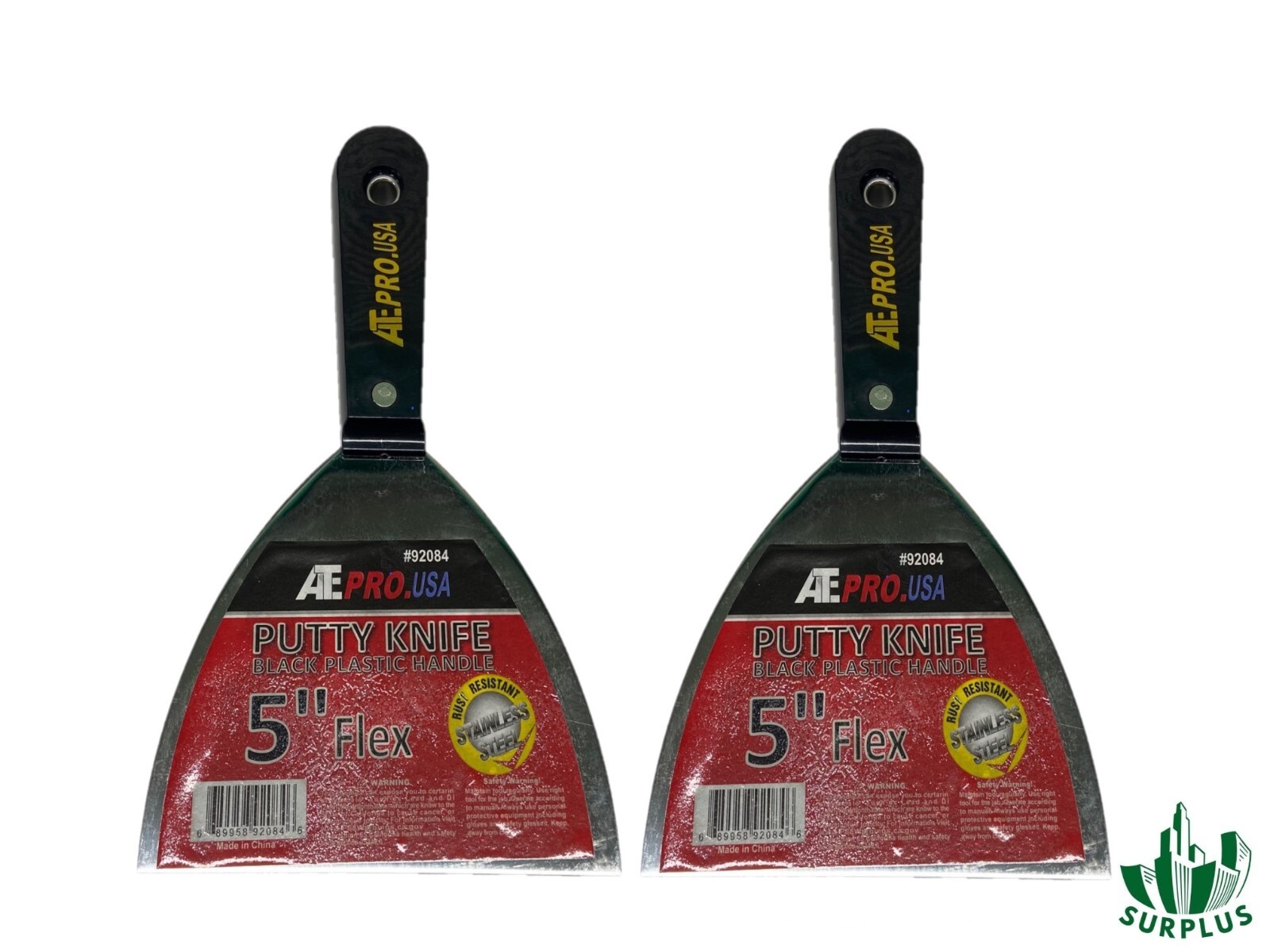 PUTTY KNIFE (2 PACK) 5" wide Flex, ATE Black Plastic Handle Stainless Steel