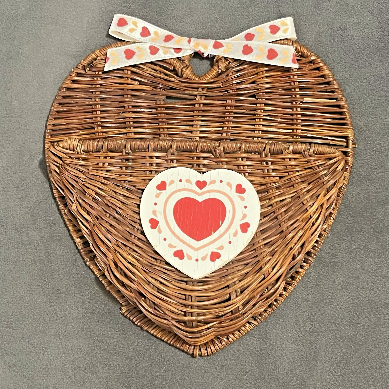 Heart Shaped Woven Wicker Wood Hanging Decorative Basket W/ Bow