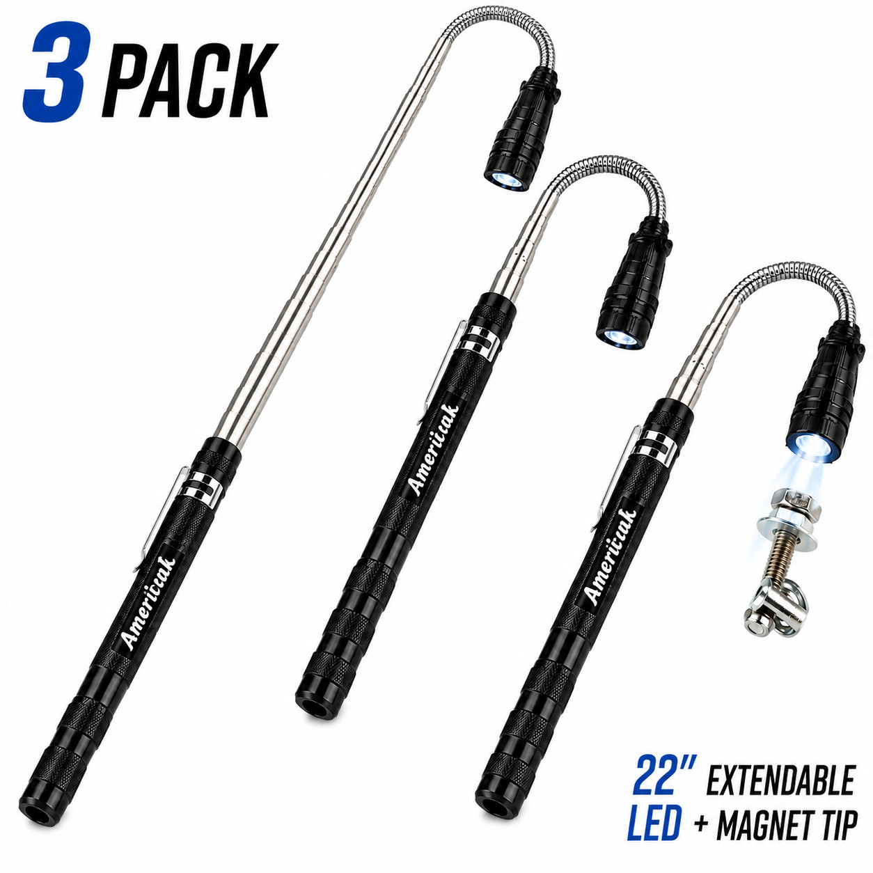 3 Pack Telescoping Magnetic Pickup Tool LED Light Flexible Magnet Grabber Tool