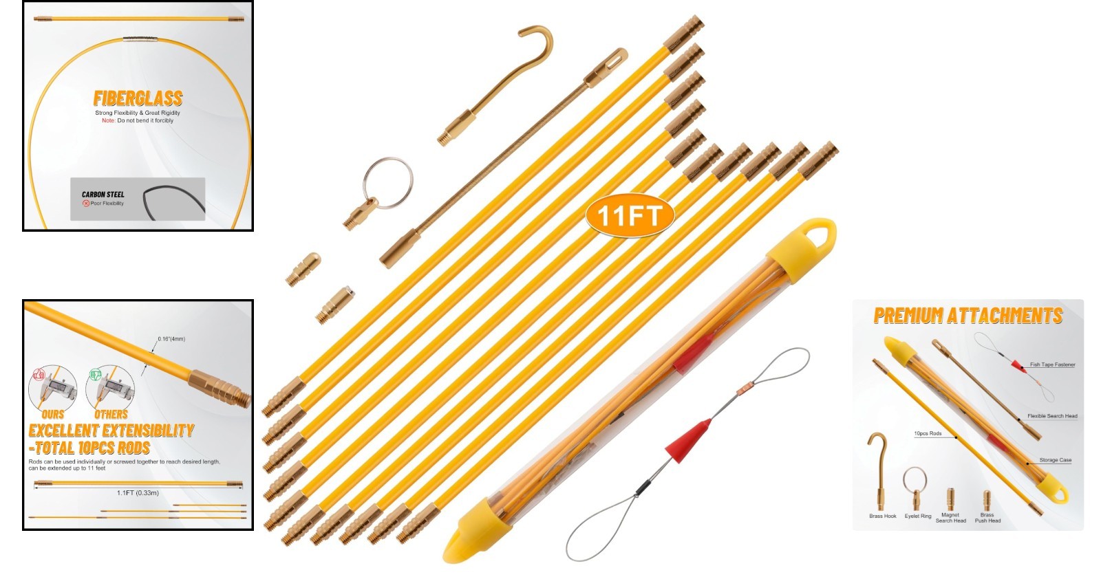 Professional Wire Pulling Fish Tape Set with Multiple Attachments