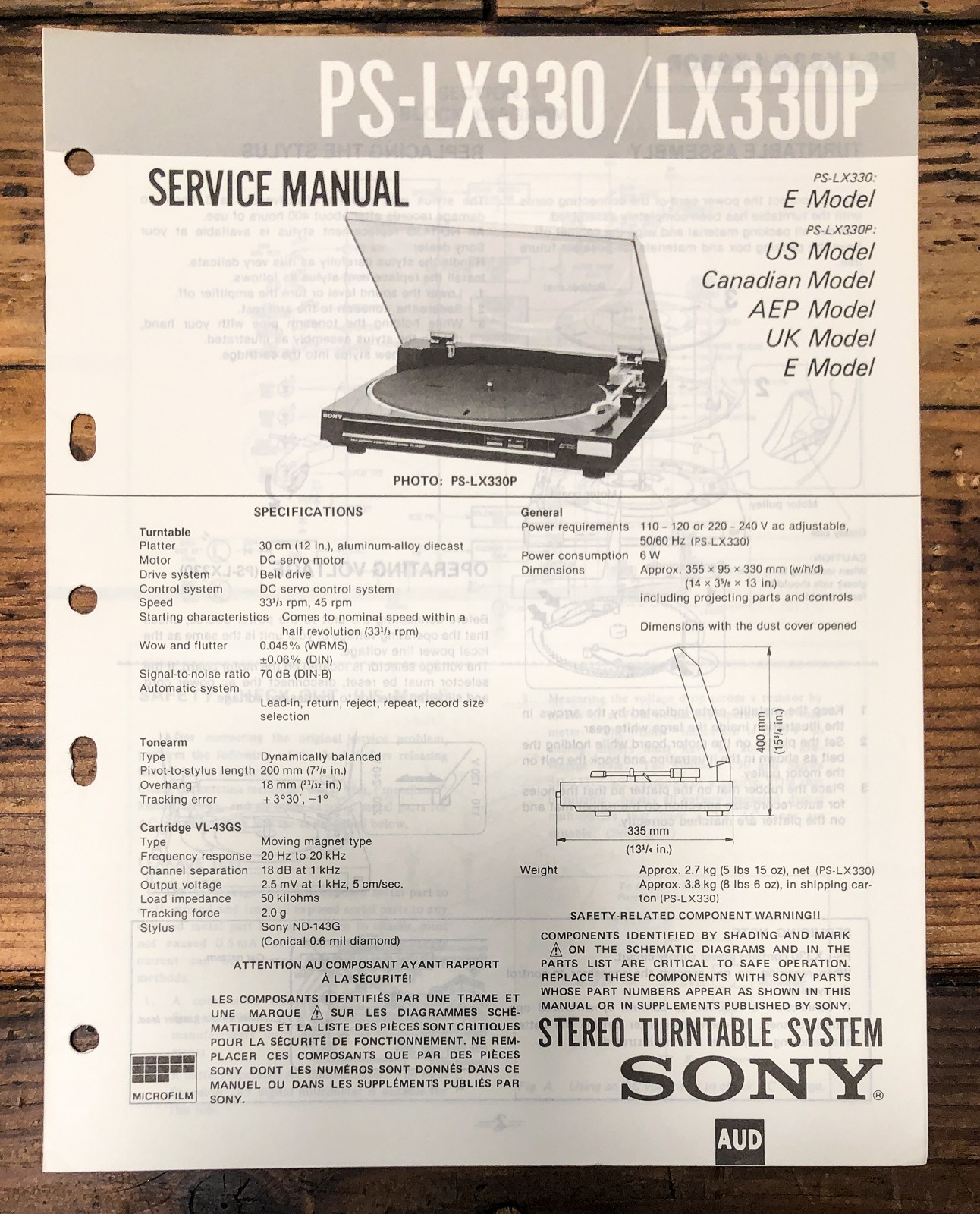 Sony PS-LX330 PS-LX330P Record Player / Turntable Service Manual *Original*