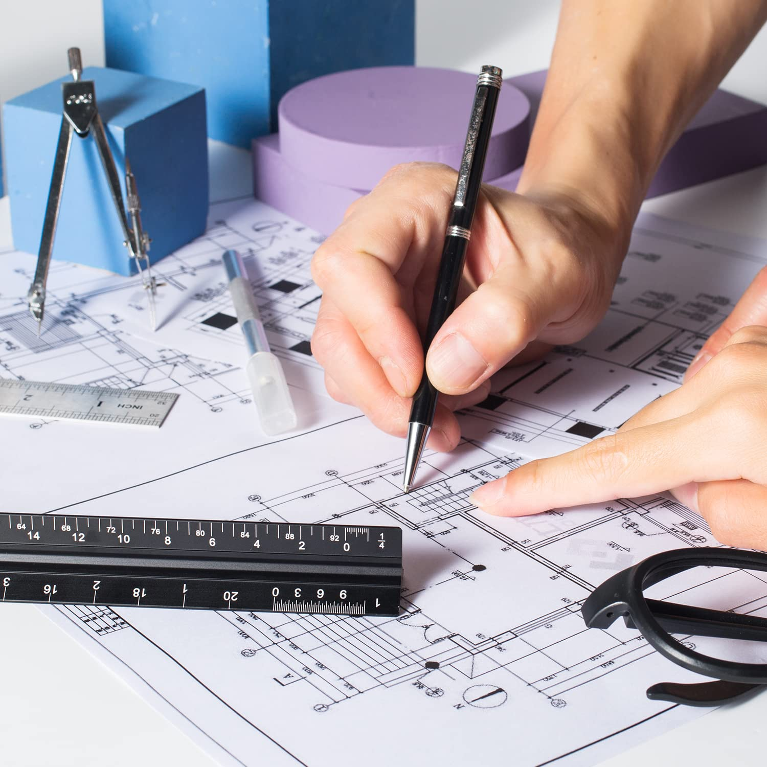 Engineers Architectural Scale Triangular Ruler with Standard Metal Ruler 2 Pack