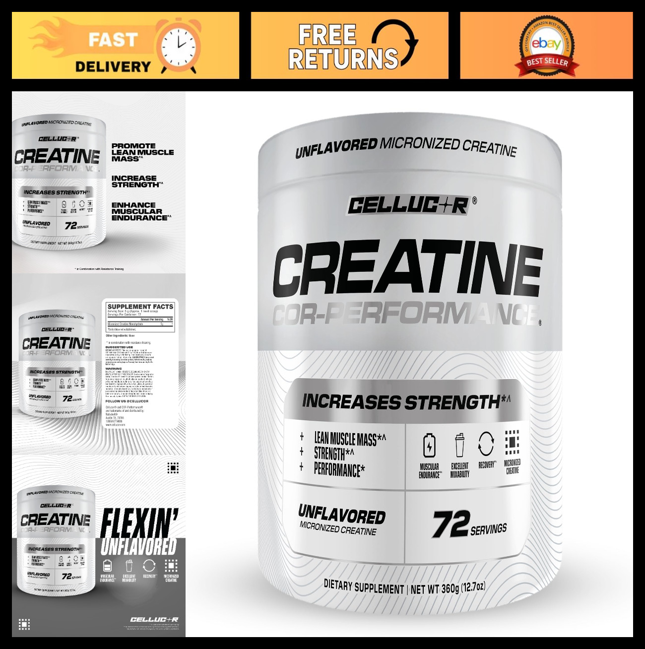 Creatine Monohydrate Powder for Strength & Muscle Growth - 72 Servings, Fuel Wor