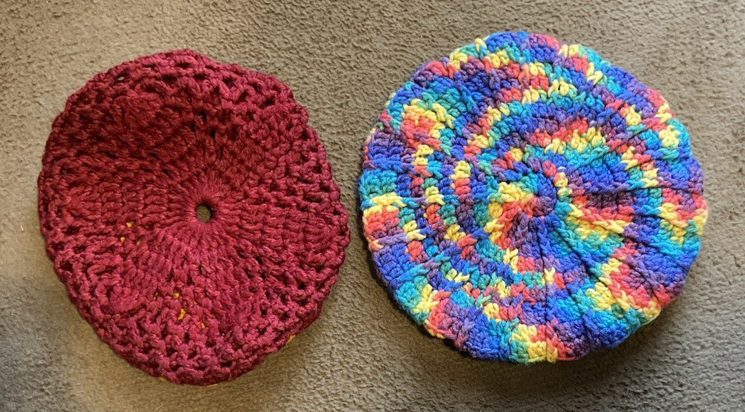 (2) VTG HANDMADE CROCHETED BONNETS/HAT (1) MULTICOLOR & (1) BURGUNDY & YELLOW