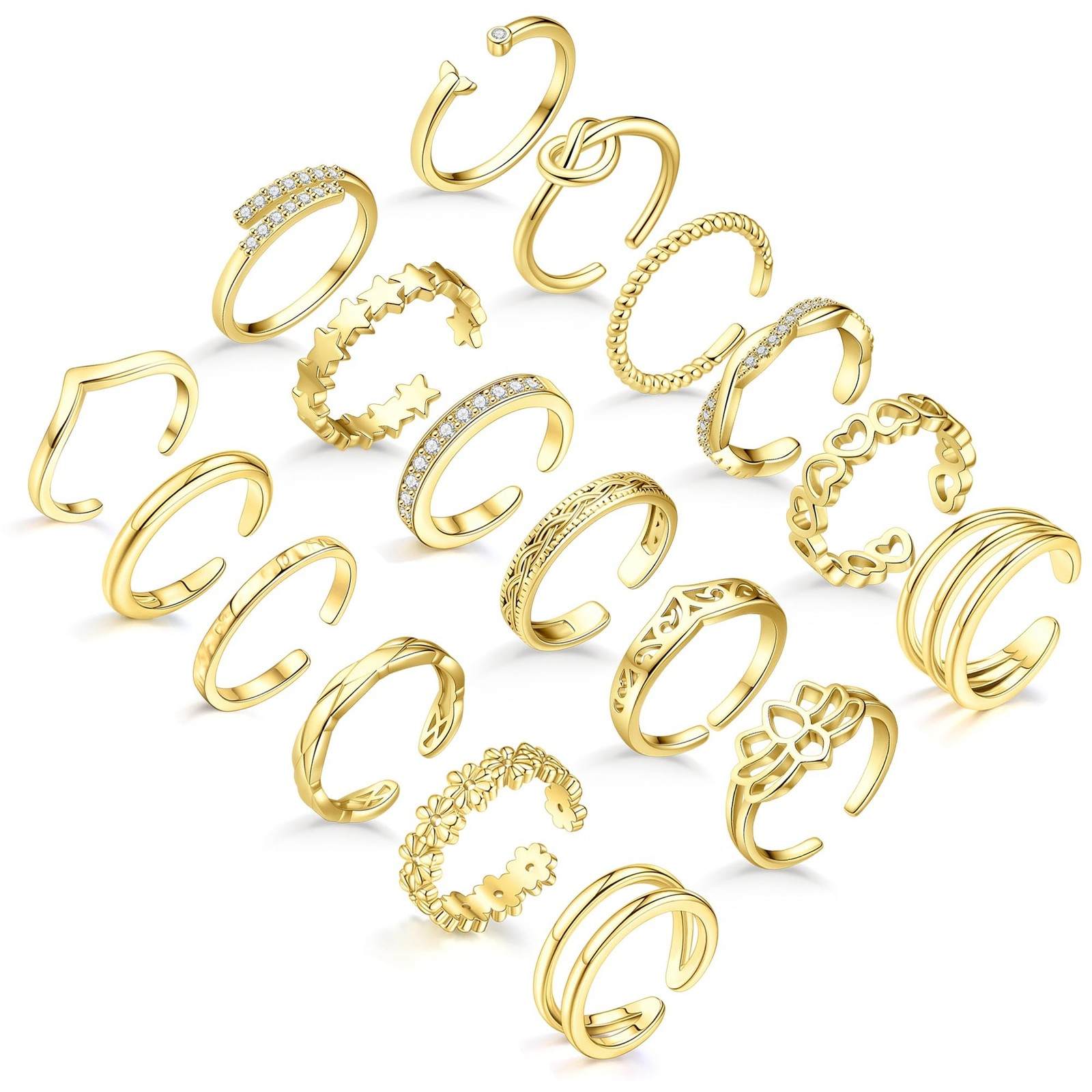 18PCS Toe Rings for Women Non Tarnish Gold/Silver Rings Open Flower CZ Band T...