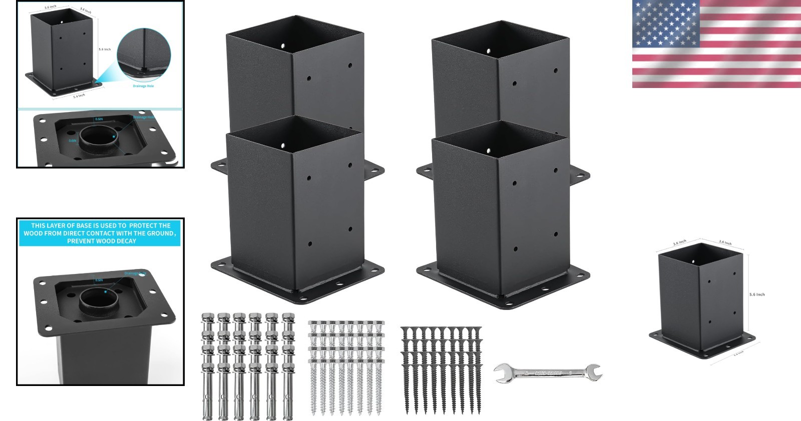 4x4 Post Base Anchors 4 Pcs, Solid Steel, Black Coated