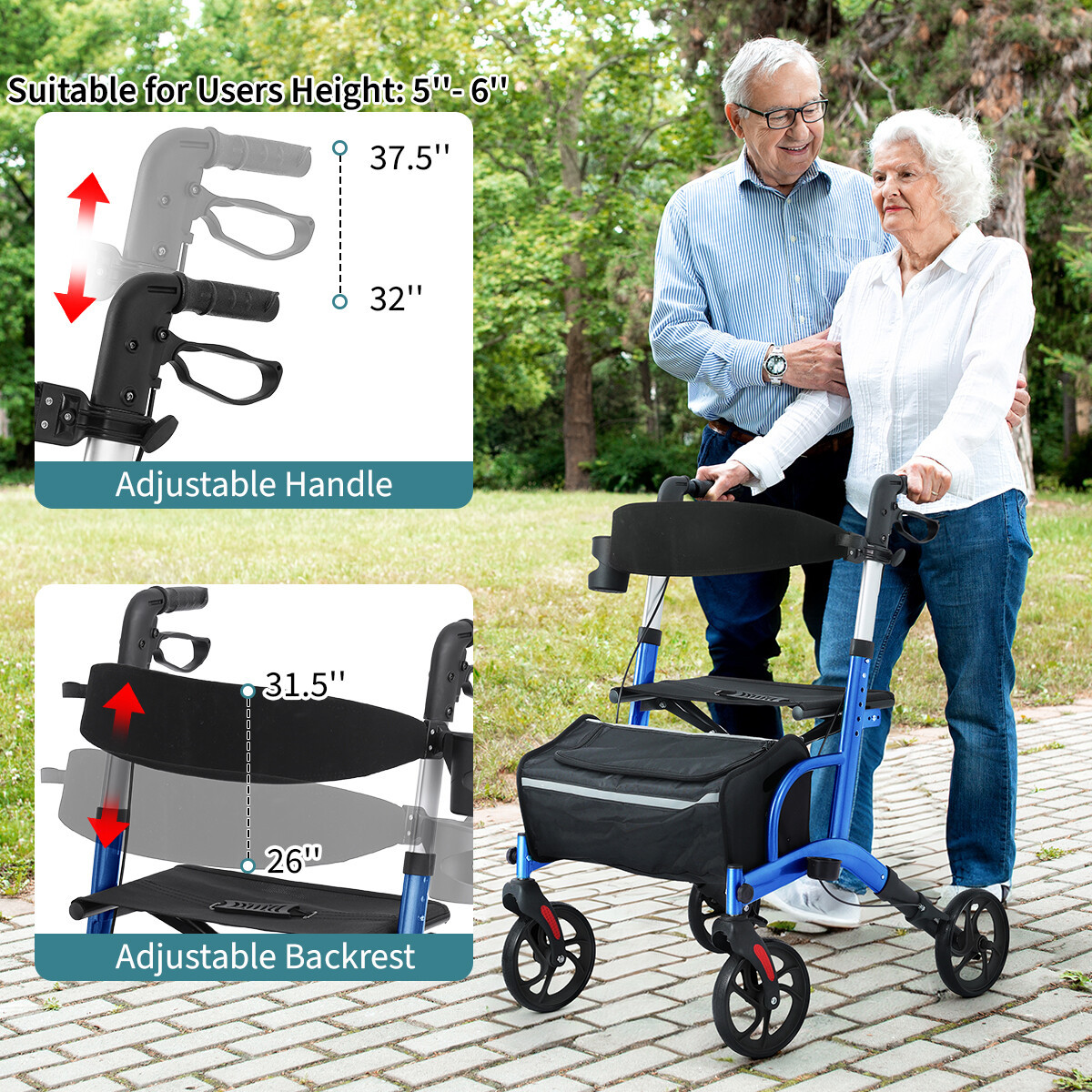 Premium Rollator Walker for Seniors, Adjustable Height, Cup Holder, Aluminum