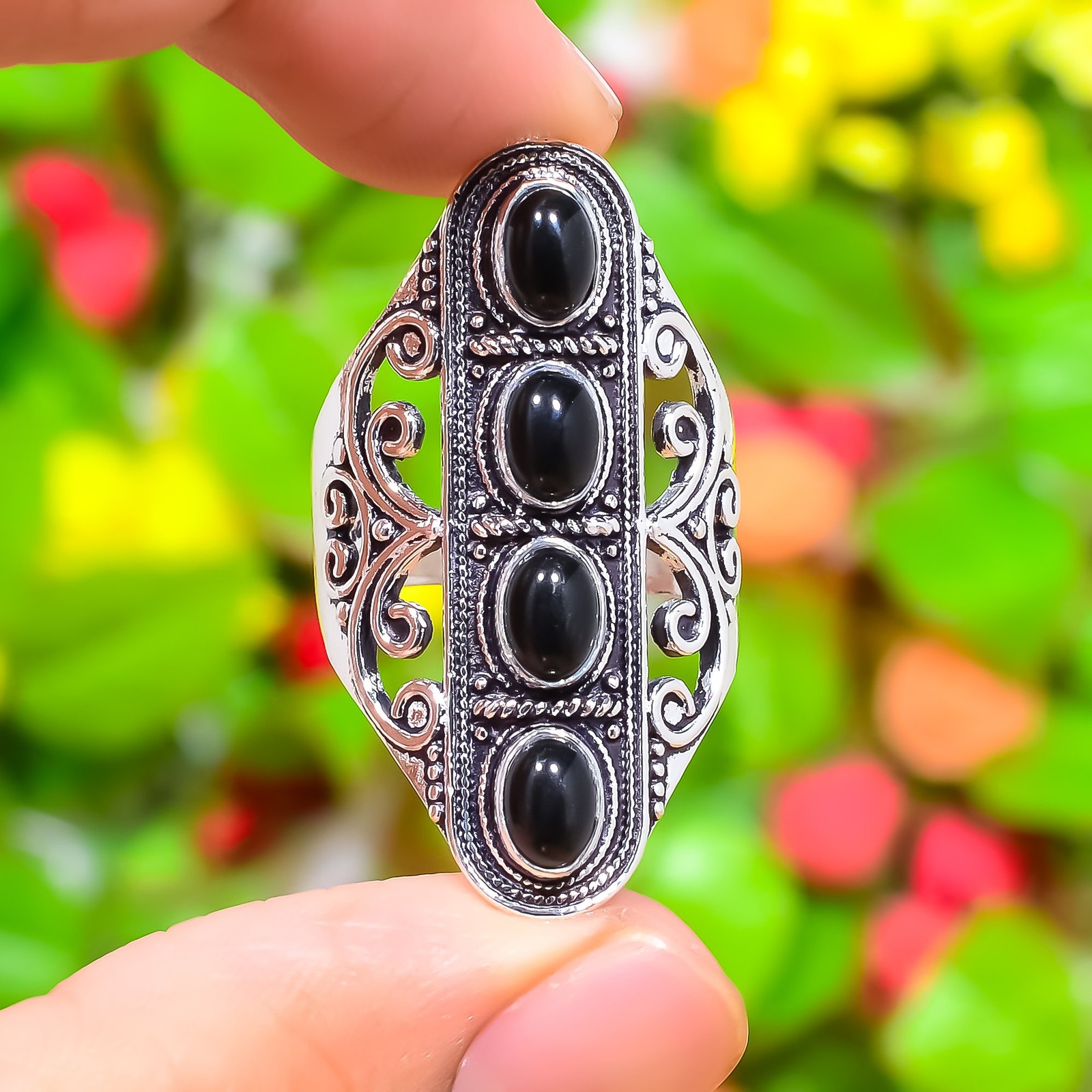 Natural Black Onyx Gemstone Handmade 925 Sterling Silver Ring Size 11.5 Gift m10