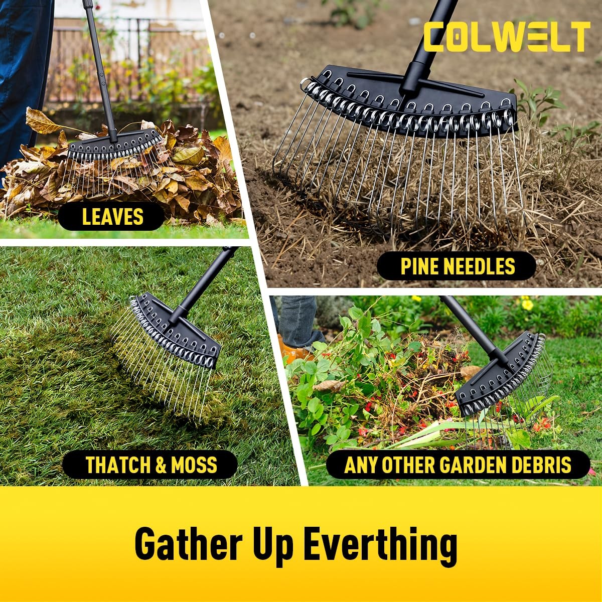 Best Colwelt Thatch Rake, Dethatcher Rake with Thin, Curved Spring Steel Tines