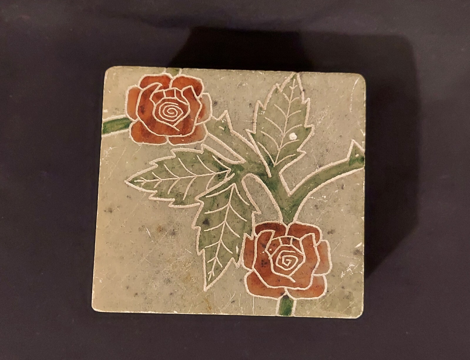 Carved Stone With Handpainted Roses Trinket Box
