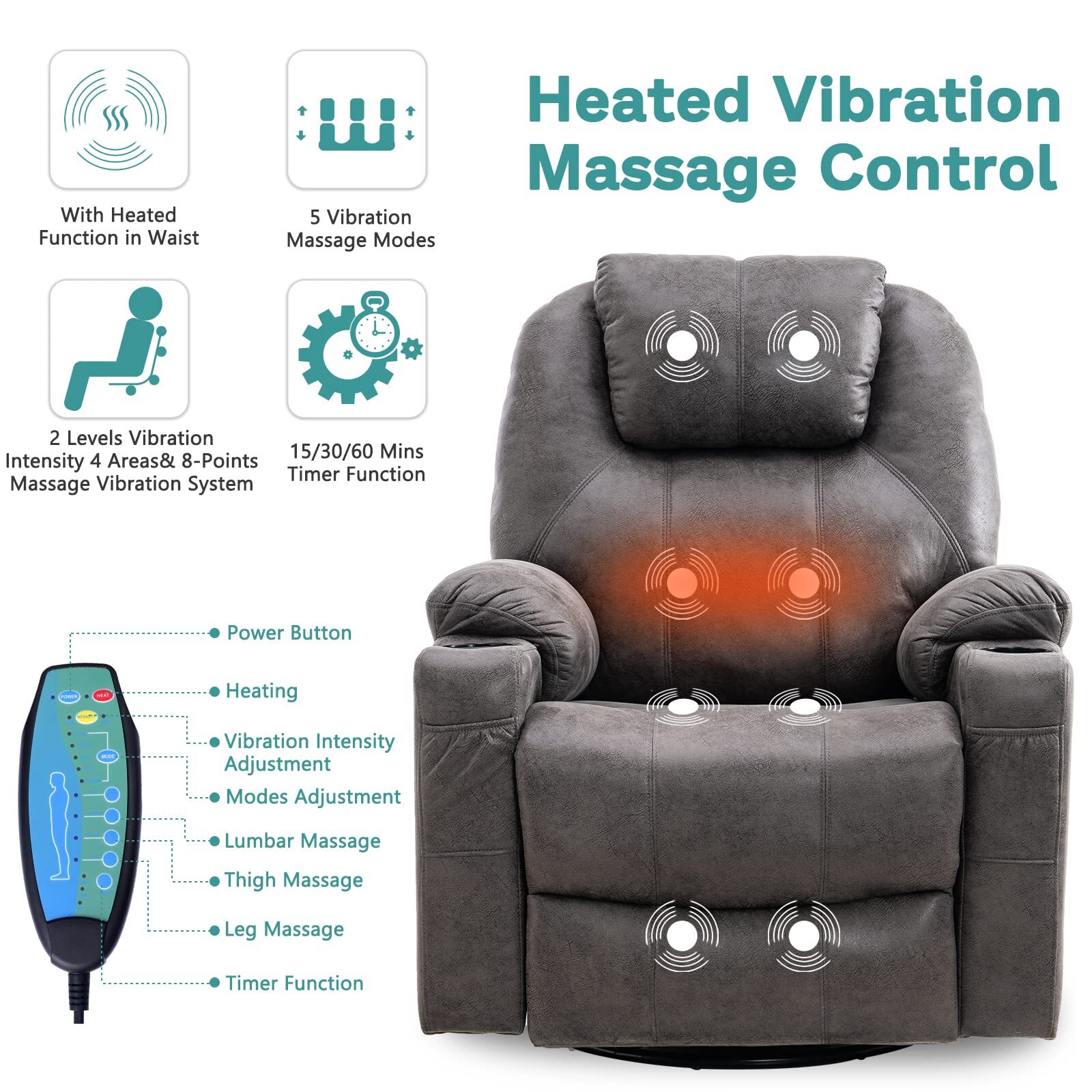 Massage Recliner Chair Swivel Rocker Glider Heated Rocking Recliner W/ USB Ports