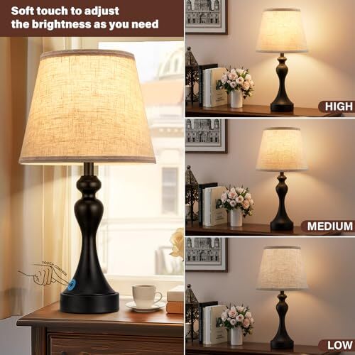 Bedroom Lamps Set of 2 - Bedside Lamps with USB A+C C. Beige Shade & Black Base