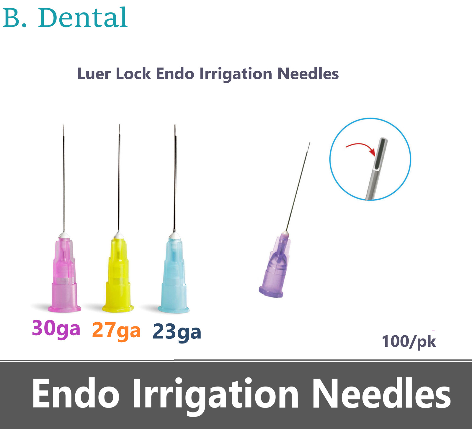Mono Luer-Lock Dental Endodontic Irrigation Needles 23Ga 27Ga 30Ga 1" Box/100