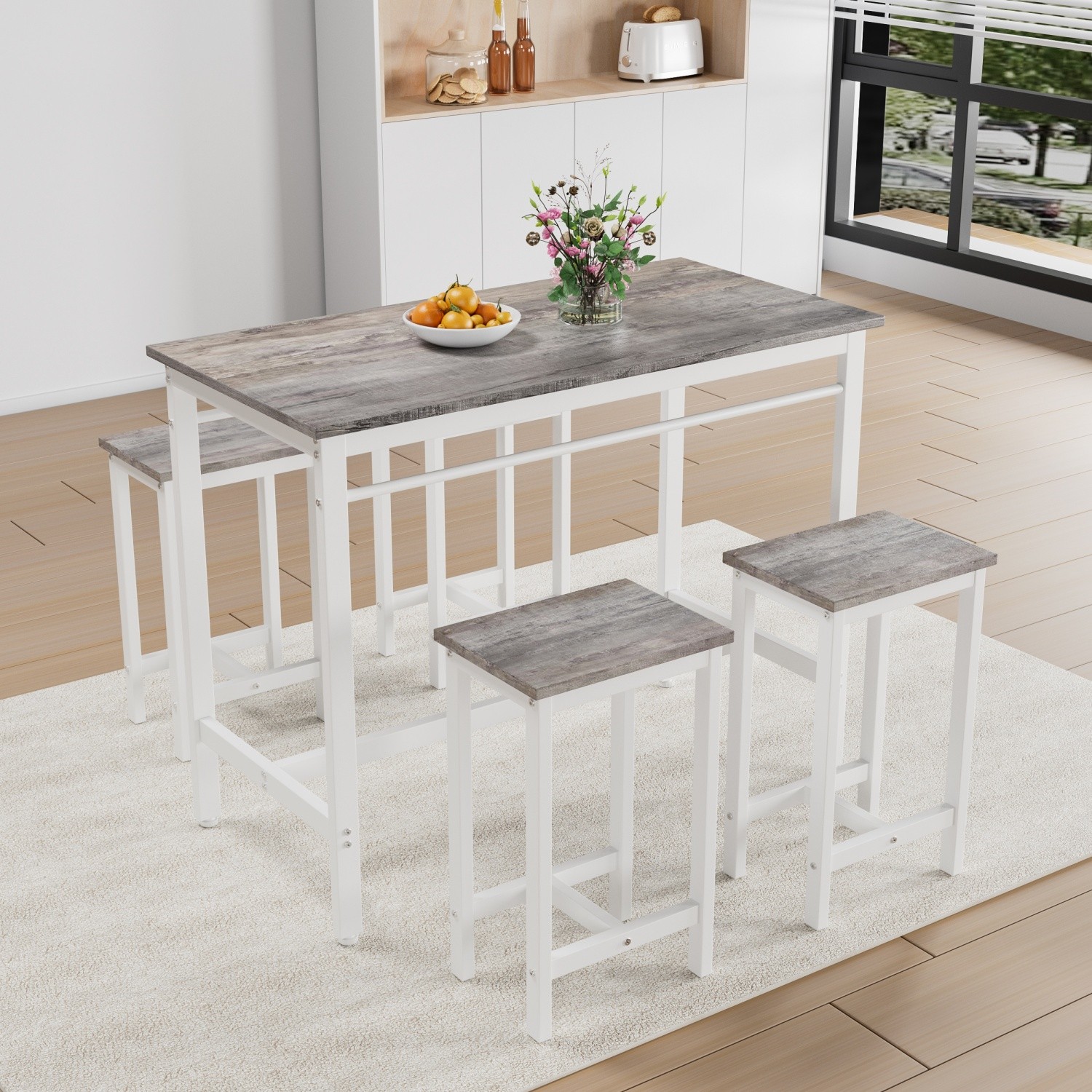 Modern 5 Piece Bar Table Set Counter Height Dining Kitchen Table w/ 4 Bar Stools