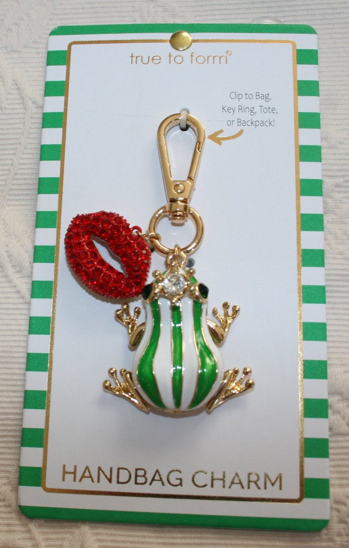 FROG shaped Handbag Charm Key Ring Gold tone metal Red glass stones Enamel NWT