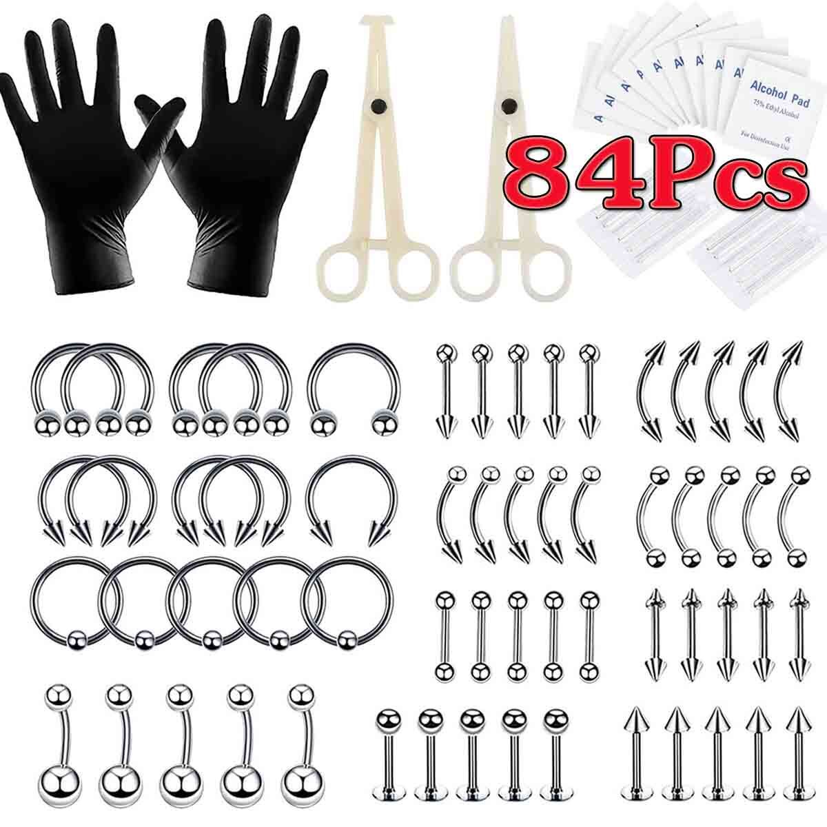 84Pcs Professional Body Piercing Tool Kit Ear Lip Tongue Nose Navel Nipple Rings