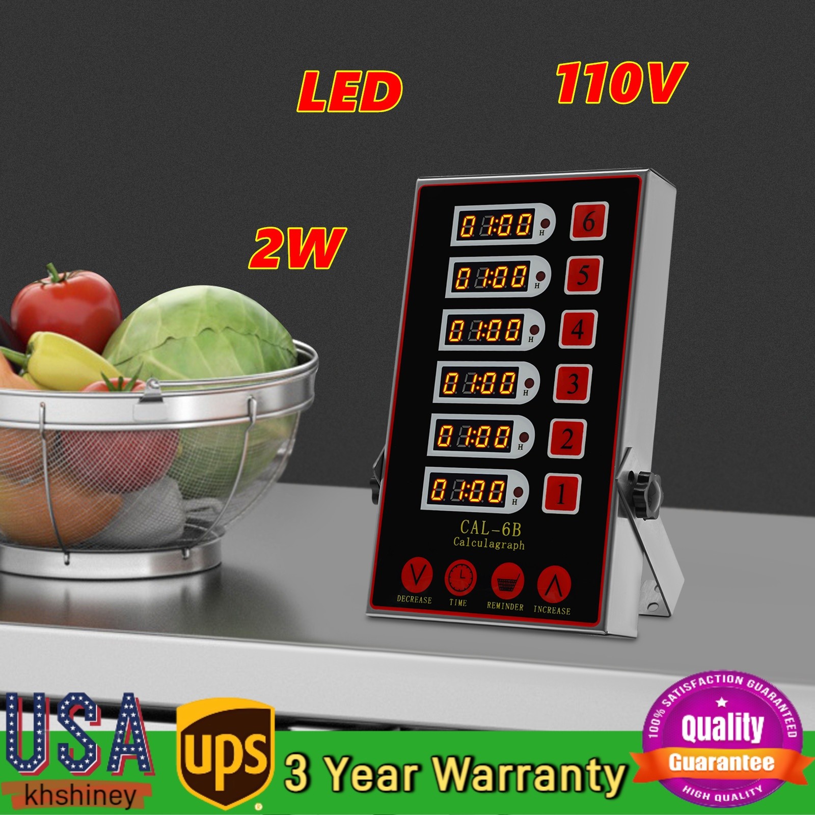 6 Channel Commercial Kitchen Timer Restaurant Kitchen Stainless Steel LED, Alarm