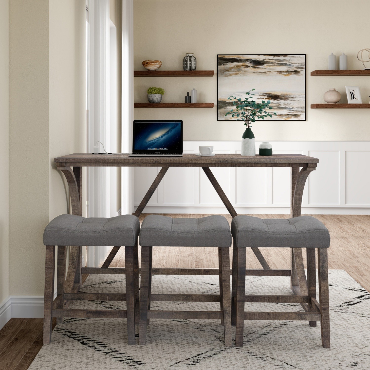 Modern 4 Piece Bar Table Set w/ 3 Saddle Bar Stool & USB Ports for Small Spaces