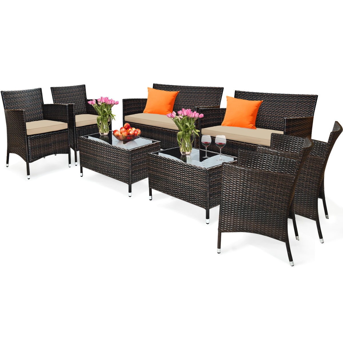 8PCS Patio Garden Rattan Furniture Set Coffee Table Cushioned Sofa Brown