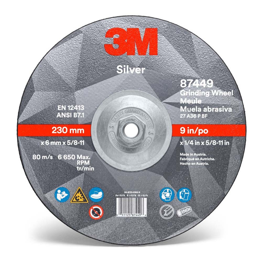 3M 7010409732 Silver Depressed Center Grinding Wheel 87449 T27 9x1/4x5/8-11 10pk