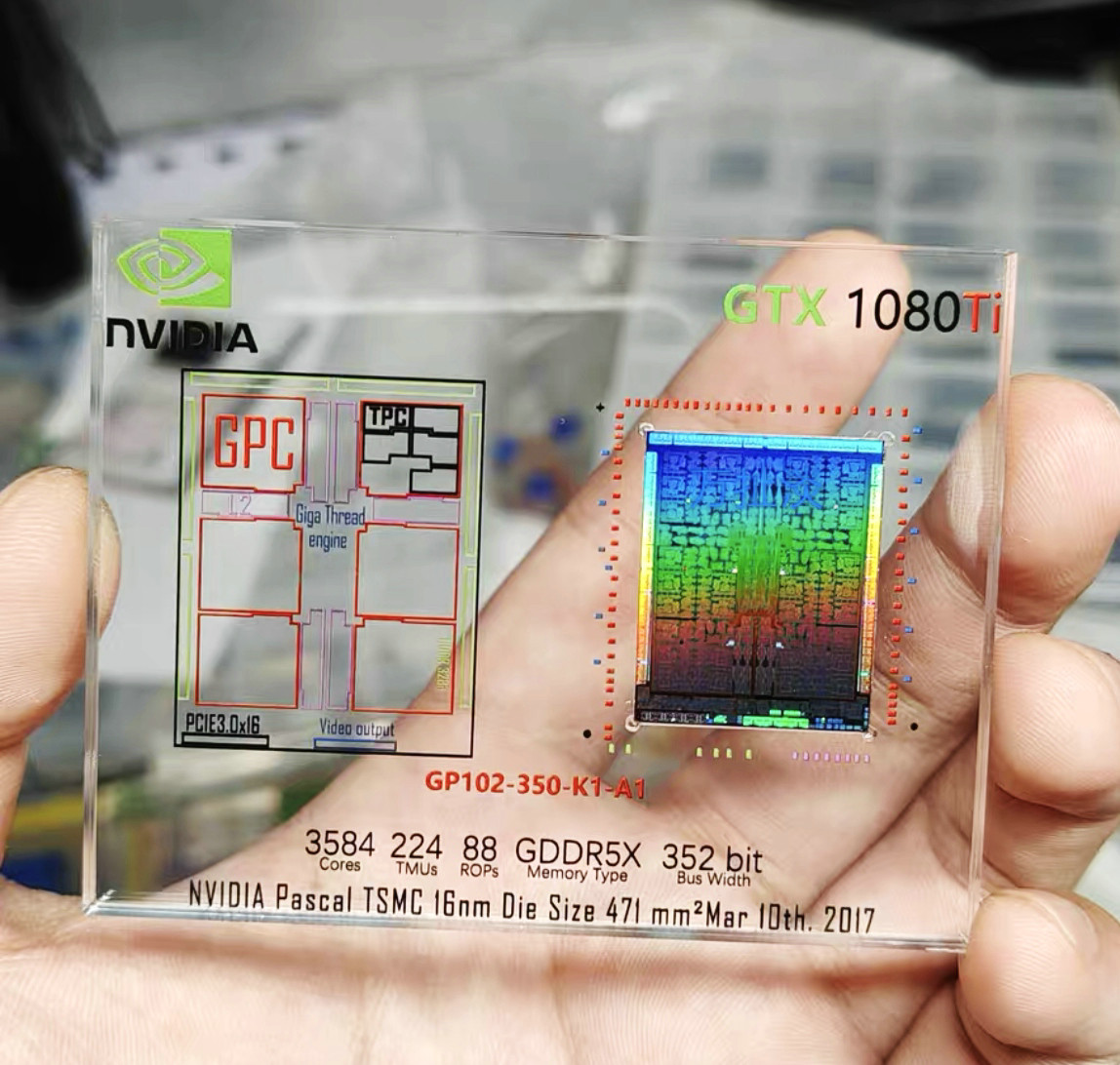 GTX 1080 Ti graphics card wafer display. Taken from an actual chip. Collectible
