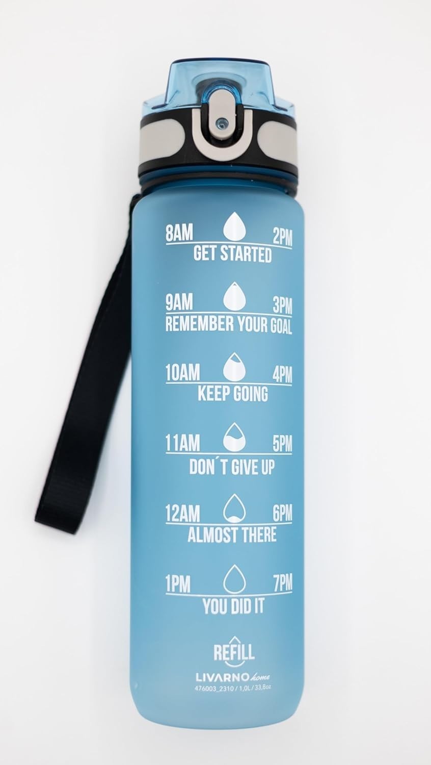 Water Bottle (30 OZ), BPA Free Motivational w/ Time Marker & Strainer, Outdoor