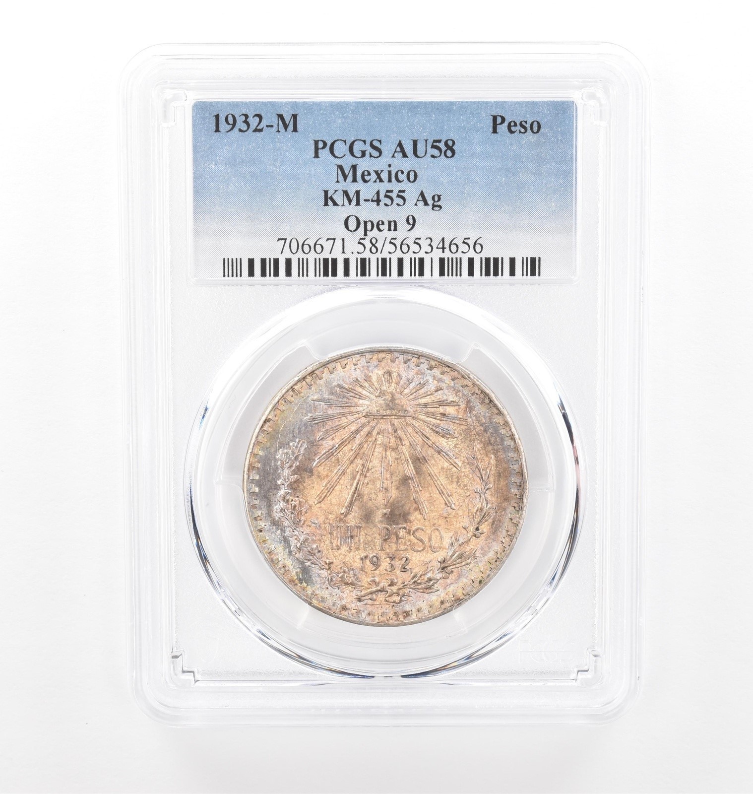 1932 M Mexico Peso Silver Open 9 KM-455 AU58 PCGS Beautiful Tone *2102