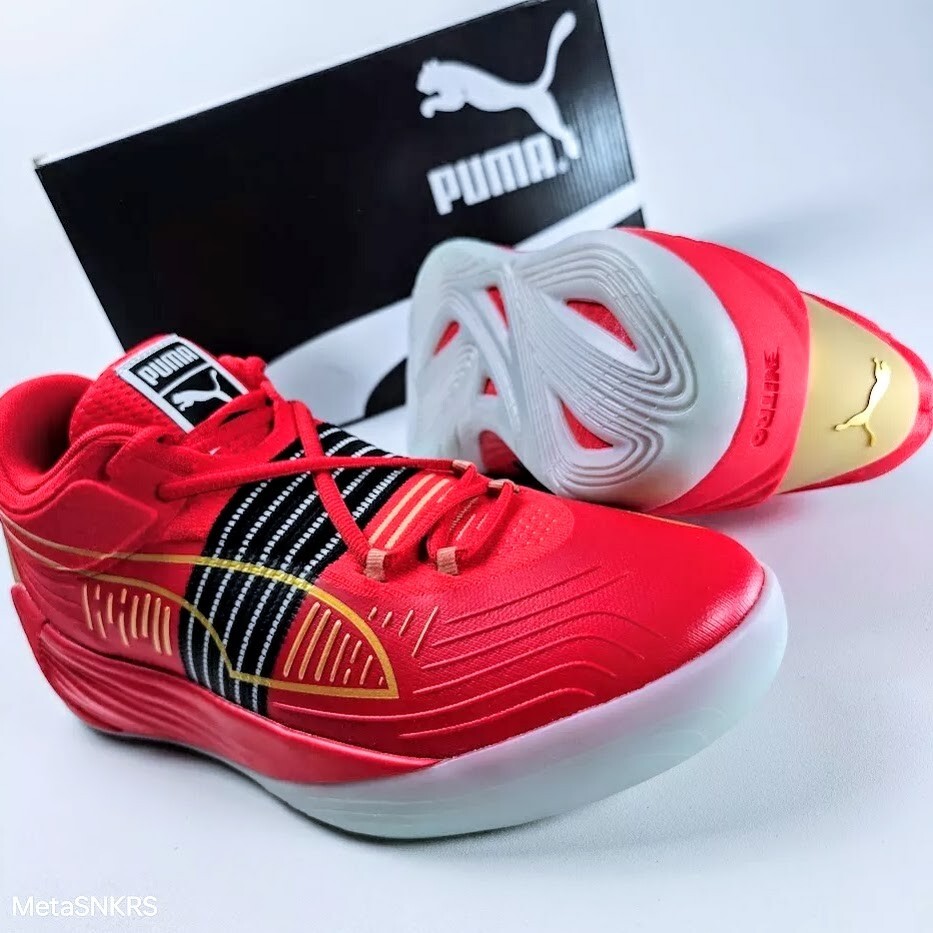 Puma US 11.5 Men's  Red Black Gold Basketball Light   Fusion Nitro 195587 04 NIB