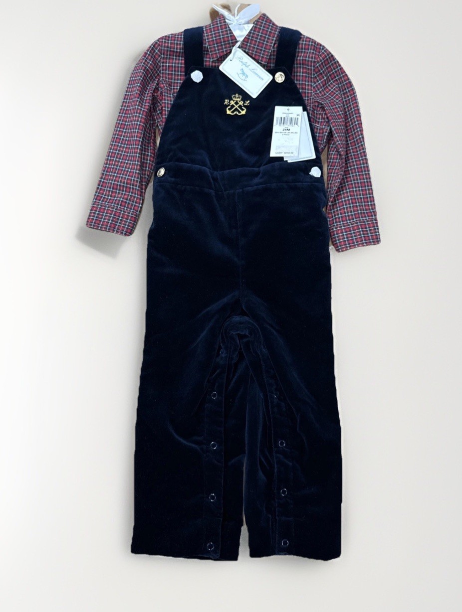 Ralph Lauren Baby Boy Velvet Overalls Plaid Shirt Set 24M Navy Red New