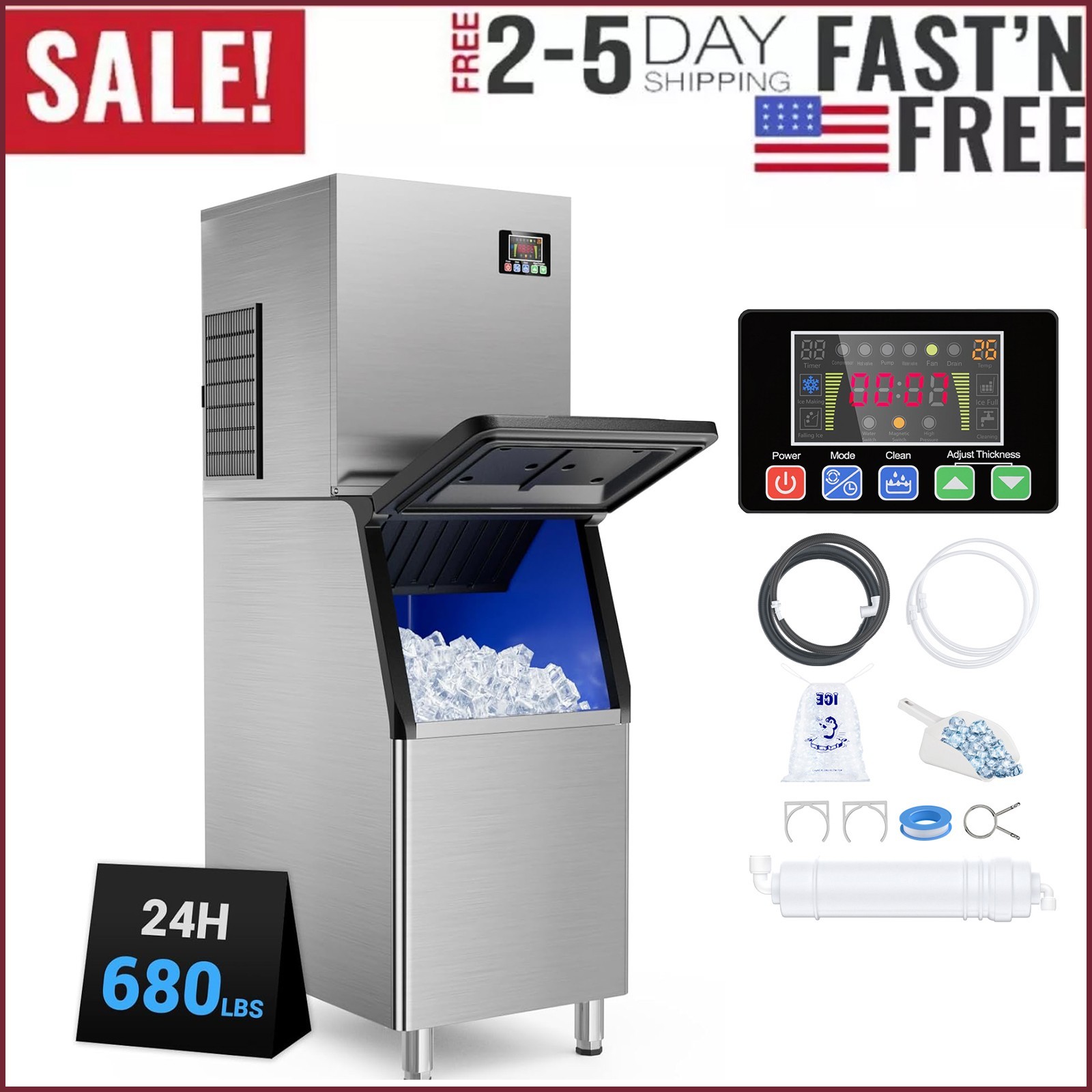 Commercial Ice Maker Machine 680 LBS/24h with 450 LBS Storage Bin, Self Cleaning