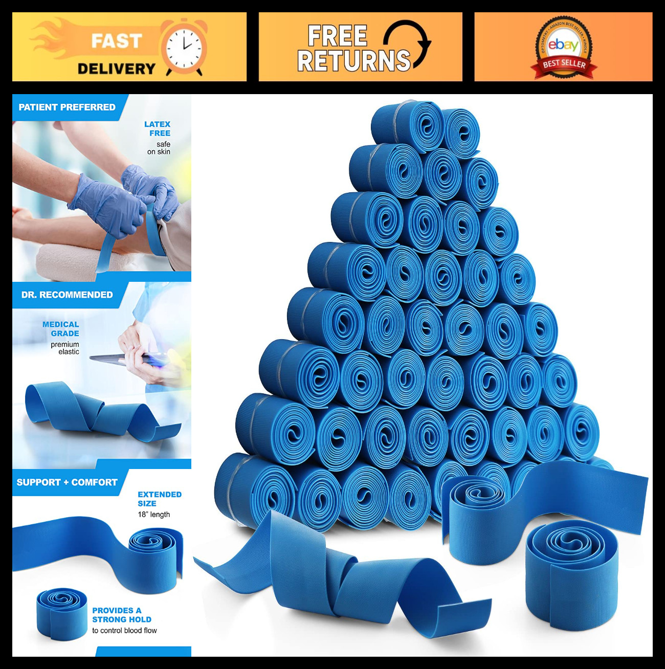250 Pack Disposable Tourniquets - Latex Free, 1" x 18", Anti-Tear First Aid Supp