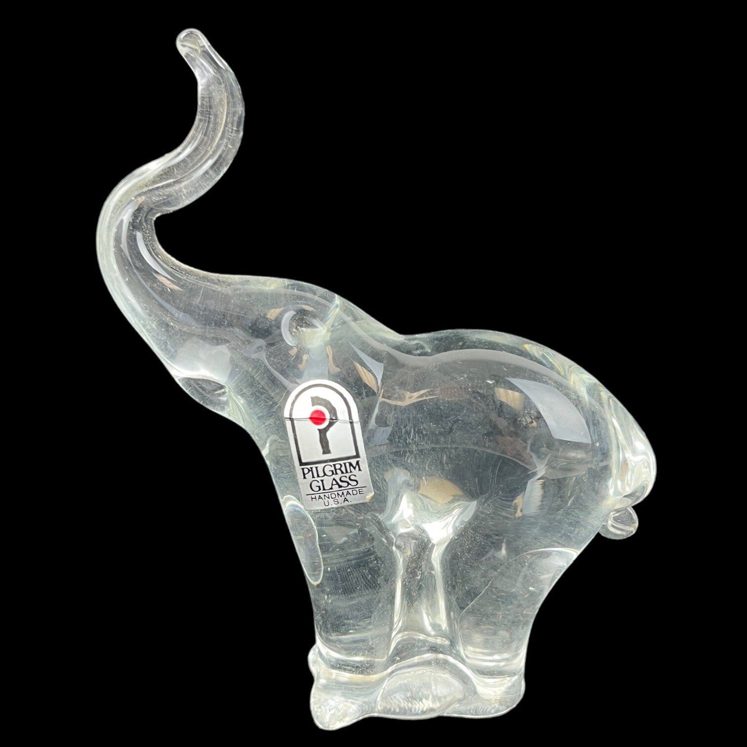 Vintage Pilgrim Elephant Figurine Crystal Clear Glass Trunk Up USA Handmade U35